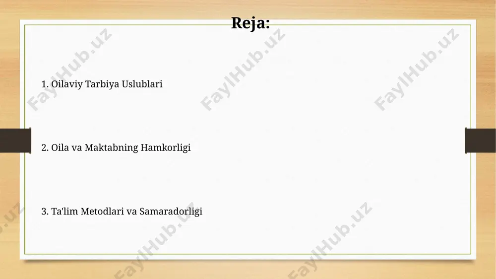 atdiki, ota-onalar bilan faol hamkorlik maktabdagi axloqiy tarbiya darajasini 20% ga yaxshilashga yordam beradi. samarqanddagi eksperimental loyihada 30 ta oila bilan o'tkazilgan onlayn darslar va maslahatlar natijasida bolalarning uy vazifalarini bajarishga bo'lgan munosabati va akademik ko'rsatkichlari sezilarli darajada yaxshilandi. oilaviy tarbiyaning ahamiyati oilada olingan dastlabki bilim va ko'nikmalar, masalan, andijonda o'tkazilgan sotsiologik so'rov natijalariga ko'ra, bolaning keyingi ta'limdagi muvaffaqiyatiga 65% ta'sir qiladi. oilaviy tarbiya shaxsning 5 yoshgacha bo'lgan davridagi rivojlanishida 80% ga ta'sir ko'rsatadi, shu jumladan, samarqanddagi tadqiqotlar buni tasdiqlaydi. muammolar va ularning yechimlari qashqadaryo viloyatida 20% o'quvchilarning uy vazifalarini bajarishda ota-onalar yordami yetarli emasligi kuzatildi. buning yechimi sifatida, ota-onalar uchun maxsus treninglar va onlayn resurslarni joriy etish samarali bo'ladi. samarqanddagi tadqiqotlar shuni ko'rsatdiki, 70% oilada farzandlar bilan ochiq muloqot etishmasligi o'quv muvaffaqiyatsizligiga olib keladi. muammoning yechimi sifatida, oilaviy terapiya va muloqot ko'nikmalarini rivojlantirish bo'yicha dasturlarni taklif qilish mumkin. e'tiboringiz uchun rahmat @taqdimot_robot image7.jpg image8.jpg image9.jpg image10.jpg image11.jpg image12.jpg image13.jpg …