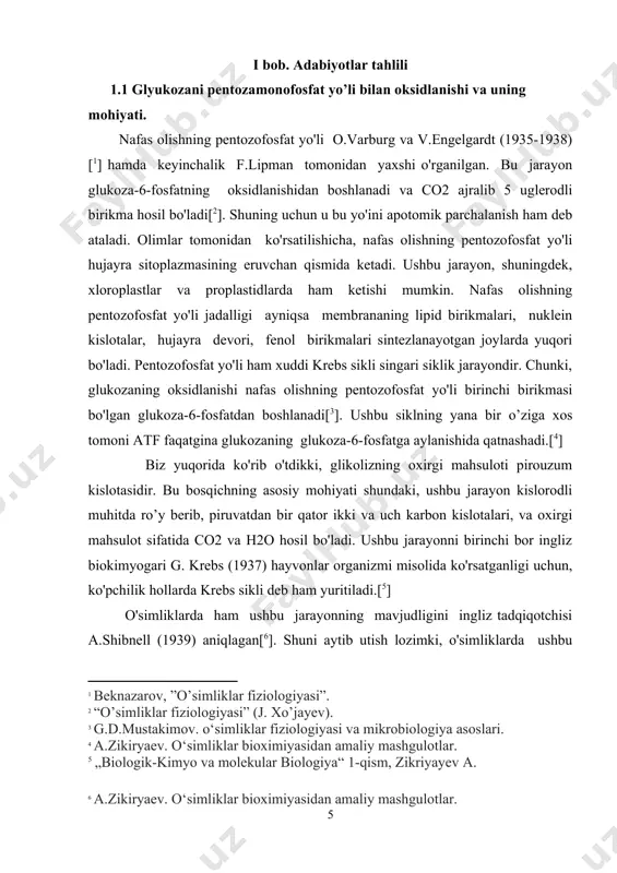 ishida qatnashadi.[[footnoteref:4]] [1: beknazarov, ”o’simliklar fiziologiyasi”.] [2: “o’simliklar fiziologiyasi” (j. xo’jayev).] [3: g.d.mustakimov. o‘simliklar fiziologiyasi va mikrobiologiya asoslari.] [4: a.zikiryaev. o‘simliklar bioximiyasidan amaliy mashgulotlar.] biz yuqorida ko'rib o'tdikki, glikolizning oxirgi mahsuloti pirouzum kislotasidir. bu bosqichning asosiy mohiyati shundaki, ushbu jarayon kislorodli muhitda ro’y berib, piruvatdan bir qator ikki va uch karbon kislotalari, va oxirgi mahsulot sifatida co2 va h2o hosil bo'ladi. ushbu jarayonni birinchi bor ingliz biokimyogari g. krebs (1937) hayvonlar organizmi misolida ko'rsatganligi uchun, ko'pchilik hollarda krebs sikli deb ham yuritiladi.[[footnoteref:5]] [5: „biologik-kimyo va molekular biologiya“ 1-qism, zikriyayev a. ] o'simliklarda ham ushbu jarayonning mavjudligini ingliz tadqiqotchisi a.shibnell (1939) aniqlagan[[footnoteref:6]]. shuni aytib utish lozimki, o'simliklarda ushbu jarayonda qatnashuvchi barcha kislotalar va ularning metabolik o'zgarishida qatnashuvchi fermentlar aniqlangan. ko'rsatilganki, suksinatdegidrogenaza fermentining ingibitori bo'lgan malonat piruvatning oksidlanishini to'xtatadi va o'simliklarning nafas olish jarayoni uchun zarur bo'lgan o2 gazining yutilishini keskin kamaytiradi[[footnoteref:7]]. krebs siklining ko'pchilik fermentlari mitoxondriyalarda [6: a.zikiryaev. o‘simliklar bioximiyasidan amaliy …