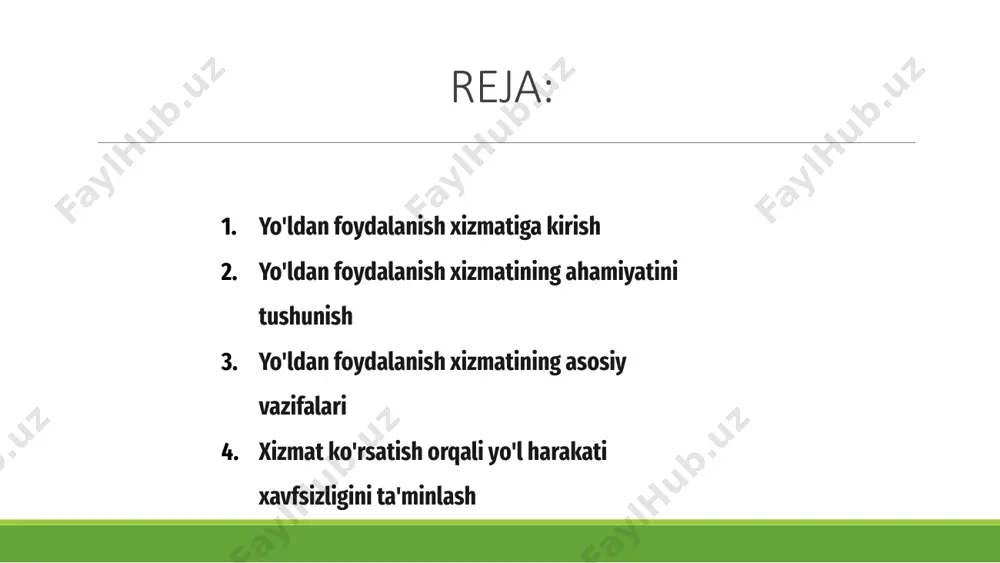 ga ega. yo'ldan foydalanish xizmatining asosiy vazifalari yo'ldan foydalanish xizmatining asosiy vazifalariga yo'l harakati xavfsizligini ta'minlash, transport oqimini boshqarish va yo'l harakati qoidalarini amalga oshirish kiradi. yo'ldan foydalanish xizmatining asosiy vazifalari yo'l sharoitlarini kuzatish, ruxsatnomalar berish va favqulodda vaziyatlar xizmatlari bilan muvofiqlashtirishni o'z ichiga oladi. umuman olganda, yo'ldan foydalanish xizmati barcha yo'l harakati qatnashchilari uchun samarali va xavfsiz tashishni ta'minlashda hal qiluvchi rol o'ynaydi. yo'ldan foydalanish xizmatining asosiy vazifalari barcha foydalanuvchilarning xavfsiz va samarali harakatlanishini ta'minlash uchun transport oqimini boshqarish, yo'l qoidalariga rioya qilish va yo'l infratuzilmasini saqlashdan iborat. 01 xizmat ko‘rsatish orqali yo‘l harakati xavfsizligini ta’minlashga e’tibor qaratgan holda, yo‘ldan foydalanish xizmati qat’iy nazorat va nazorat choralarini amalga oshirish orqali yo‘llardagi baxtsiz hodisalar, jarohatlar va o‘lim holatlarini kamaytirishga qaratilgan. 02 yo'l ob'ektlarini muntazam tekshirish, texnik xizmat ko'rsatish va modernizatsiya qilish orqali yo'ldan foydalanish xizmati xavflarning oldini olish va haydovchilar va piyodalar uchun xavfsiz sayohat tajribasini targ'ib qilishda hal qiluvchi …