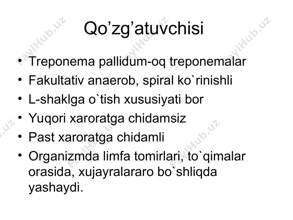 oqchalar, gummalar va rozeolalar ko`rinishida namoyon bo`ladi b) uchlamchi yashirin: faqat serologik reaktsiyalar musbat bo`ladi. zaxmning davrlari olatda va chov soxasida qattiq shankrlar qov soxasi trixofitiyasi qov soxasida so`gallar olatda qattiq shankr olatda qattiq shankr yorg’oqda qattiq shankr olatda qattiq shankr so’zak olatda qattiq shankr olatda qattiq shankr olatda qattiq shankr olatda qattiq shankr eroziv yarali-qaloq shankr anal' soxasida qattiq shankr labda qattiq shankrning joylashishi (ekstrogenital joylashish) labda qattiq shankrning joylashishi olatda qattiq shankr qattiq shankrning ko`rinishlari katta uyatli labda qattiq shankr indurativ shish. qattiq shankrning atipik joylashuvi bachadon bo`yinchasida qattiq shankr balonopastit qattiq shakrning asorati. parafimoz qattiq shakrning gangrenizatsiyaga uchrashi qattiq shankrning fagedenizmga aylanishi olatda qattiq shankr piodermiyaning gangrenoz shakli papulyoz sifilis anal soxasida papulyoznaya sifilis sifilitik impetigo sifilitik ektima pustulyoz sifilid jinsiy olatda qo`tir kanalarining papulalari va eroziyalari spinotsellyulyar epitelioma keng kandilomalar varikoz gemoroidal tugunlar tashxisoti birlamchi seronegativ davrida faqat yaralardan ajralayotgan ekssudat tarkibidan bakteriologik usulda spiroxetalarni topish …