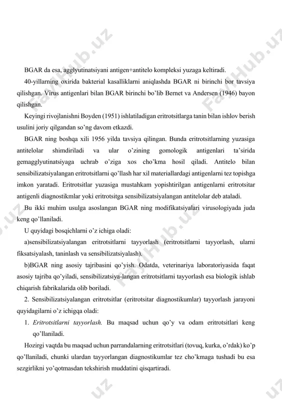 ash. eritrotsitlarga taninning ta’sir mexanizmi kam o’rganilgan. biroq bunda asosiy maqsadga erishiladi-taninlangan eritrotsitlar katta hajmdagi oqsillarni shimish qobiliyatiga ega bo’ladi. formalinlangan eritrotsitlarni taninlash bir xil hajmdagi 3% li eritrotsitlarni taninning (1:20000) eritmasiga qo’shish yo’li bilan 37oc haroratda 10-15 daqiqali kontaktdan so’ng sentrifugalanib, cho’kma uch karra (ph 7,2) fosfat buferi bilan yuviladi. 4.eritrotsitlarni sensibilizatsiyalash. eritrotsitlarning 0,15 m fosfat buferidagi (ph 6,4) 10% konsentratsiyadagisi teng hajmdagi virus saqlovchi suyuqlik bilan aralashtiriladi. aralashma 37oc 60 daqiqa ushlanadi, vaqti vaqti bilan chayqatiladi, so’ng sentrifugalanadi va 2-3 marta yuviladi. sensibilizatsiyalangan eritrotsitlar cho’kmasini 1%-li konsentratsiyagacha suyultirib quyonning 1% normal zardobini saqlovchi ph (7,2) bo’lgan fosfat bufer eritmasida stabillanadi. shu yo’l bilan sensibilizatsiyalanib olingan eritrotsitlar bgar uchun ishlatiladi. shuni aytish kerakki, har qaysi virus antigenlari bilan eritrotsitlarni sensibilizatsiyalash jarayoni har-xil bo’ladi; uning optimal variantlari sinov tajribalarida ma’lum bo’ladi. 2. bgar ning asosiy tajribasini qo’yish: reaksiya probirkalarda yoki pleksiglas panellarning chuqurchalarida qo’yiladi. so’ngi paytlarda bgar ning mikro usuli …