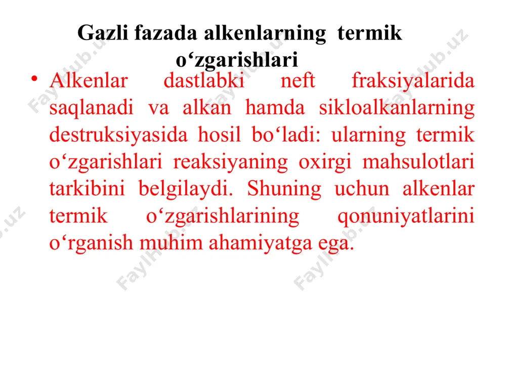 ing nisbati harorat va bosimga bogʻliq boʻlmaydi. harorat oshishi va bosimning pasayishi bilan asetilenning hosil boʻlishi oshadi (degidrogenlash reaksiyasi). nisbatan past haroratda va yuqori bosimda quyi alkenlarning polimerlanishi boradi. oraliq sharoitlarda esa degidrokondensasiyalash reaksiyasi boradi. c4–c5 alkenlar koʻrsatilgan reaksiyalardan tashqari eng kuchsiz boʻlgan β–bogʻning (c–c yoki c–h ) uzilishi bilan boradigan krekingga uchraydilar: reaksiya mexanizmi– radikal –zanjirli: yuqori alkenlar 400–450 0c haroratda degidrogenlash, polemerlash va degidrokondensasiyalar reksiyalarida deyarli ishtirok etmaydi. asosan c–c ning β–bogʻlari boʻyicha parchalanib alkan va dien yoki molekulyar massasi kichikroq boʻlgan alkenlarni hosil qiladi: molekulaning birlamchi parchalanishi eng kuchsiz c–c ning β – bogʻ boʻyicha sodir boʻladi. undan soʻng allil vodorod atomini uzish yoʻli bilan zanjirni uzatish jarayoni kuzatiladi. zanjir zvenosi quyidagi reaksiyadan iborat: βu-γ– va boshqalar(α tashqari) c–h bogʻlarning energiyasidagi farq tegishli c–c bogʻlarnikiga qaraganda ancha kichikroq, shuning uchun zanjirni uzatish nafaqat allil balki istalgan ikkilamchi vodorod atomini uzish yoʻli bilan borishi mumkin. boshqa vodorod atomlarining …