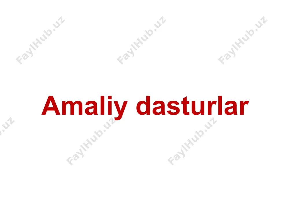 umkin. windows 95/98/me, windows nt/2000/xp/2003/vista/7/8, os x, ios – apple firmasi ot, linux – tekin unix ga o’xshash 12 otga kirmagan utilitlar antivirus dasturlari avp, ye. kasperskiy, www.avp.ru drweb, i. danilov www.drweb.com norton antivirus www.symantec.com www.mcafee.com nod32 www.eset.com arxivatorlar – fayllarni yig’ish uchun dasturlar winrar (ye. roshal) – arxivlar: *.rar, *.zip – www.rarsoft.com 7zip – arxivlar: *.7z, *.zip – www.7zip.org 13 otga kirmagan utilitlar tizim haqida ma’lumot everest www.lavalys.com sisoft – tekin www.sisoftware.net skanerlash (mirascan, epsonscan, so skanerom) cd va dvd ga yozish uchun dasturlar nero burning rom www.nero.com deepburner free – tekin www.deepburner.com 14 dasturlash tizimlari (instrumental vositalar) dasturlash tizimlari dasturlash tizimlari (instrumental vositalar) – bu yangi dasturlarni ishlab chiqish va sozlash uchun mo’ljallangan dasturiy ta’minot. muammo: kompyuterlar faqat kodlar tilini tushunadi (nol va birlar ketma-ketligi) inson uchun topshiriqlarni tabiiy tilda berish qulay (rus, ingliz va h.k.) moslashtirish: dasturlar dasturlash tillarida tuziladi, so’ngra maxsus dasturlar yordamida kodlarga o’tkaziladi 16 …