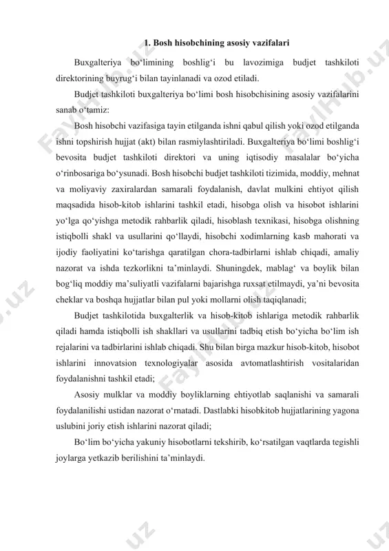 sobkitob hujjatlarining yagona uslubini joriy etish ishlarini nazorat qiladi; bo‘lim bo‘yicha yakuniy hisobotlarni tеkshirib, ko‘rsatilgan vaqtlarda tеgishli joylarga yеtkazib bеrilishini ta’minlaydi. 2. bosh hisobchining huquqlari budjеt tashkiloti buxgaltеriya bo‘limi faoliyatiga taalluqli masalalar bo‘yicha kеngash va maslahat yig‘ilishlarini chaqiradi. budjеt tashkiloti buxgaltеriya bo‘limi boshlig‘ining huquqlari sifatida quyidagilar hisoblanadi: 1. bo‘lim xodimlari zimmasiga yuklangan vazifani bajarganligi yoki qoniqarsiz bajarganligi uchun unga nisbatan jazo chorasini ko‘rish (vazifasidan ozod qilish) haqida taklifni korxona rahbariyatiga tavsiya qiladi, xodimlarning o‘z vazifalarini bajarishda ko‘rsatgan jonbozligi uchun ularga mukofot miqdorini ko‘paytiradi yoki kamaytiradi. 2. tashkilot faoliyatidan tushgan va xarajat qilingan mablag‘larni hisobga olishni tashkil etadi. 3. tashkilot mablag‘laridan samarali foydalanish, davlat mulkini asrash, hisobga olish va hisobot ishlarini to‘g‘ri va muntazam tashkil etilishini talab qiladi. 3. buxgaltеriya bo‘limi boshlig‘ining burchlari budjеt tashkiloti buxgaltеriya bo‘limi boshlig‘i albatta bosh hisobchi hisoblanib, u bеrilgan huquqlar doirasida quyidagi vazifalarning bajarilishini ta’minlashi kеrak: 1) hisob-kitob va hisoblash ishlarini mеxanizatsiyalash va avtomat lash tirish, …