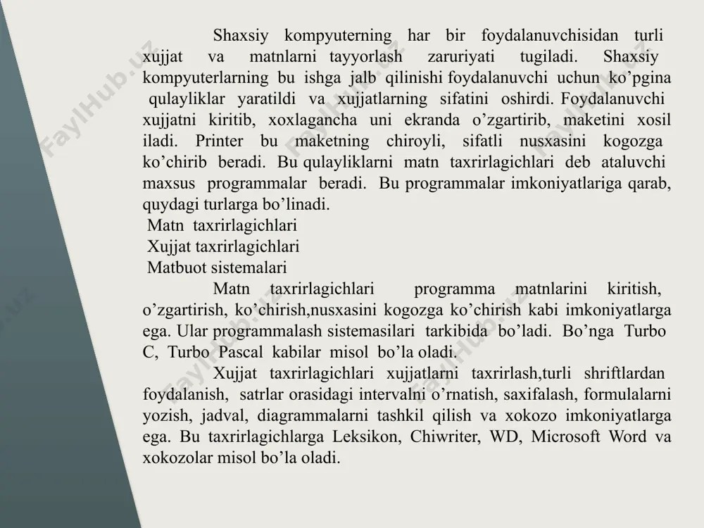 asturi ishga tushirilgandan so’ng ekranda word oynasi hosil bo’ladi. bu oynada foydalanuvchiga ish jarayoniga zarur bo’ladigan ilovalar satri, asboblar paneli va boshqa buyruqlar keltirilgan bo’ladi. ilovalar satri: главная ilovasi вставка ilovasi разметка страници ilovasi ссылки ilovasi рассылки ilovasi рецензирование ilovasi вид ilovasi настройки ilovasi конструктор ilovasi макет ilovasi matnlar ustida ishlash главная ilovasida matnlar ustida amallar bajarish buyruqlari joylashgan. ushbu buyruglar orqali shriftlar ko’rinishini o’zgartirishimiz mumkin, matnning holatini tugirlash, satrlarni raqamlash yoki belgilar quyish va h.k. kabi ishlarni bajarishimiz mumkin. bundan tashkari biz har xil amallarni tеzkor tugmalar yordamida (maxsus alt yoki ctrl tugmalarini bosib turib quyib yubormasdan har xil harf yoki bеlgi tugmasini bosish) bajarishimiz mumkin. kompyutеrda ishlash vaqtimizda har xil vaziyatlar bulishi mumkin. shulardan eng ko’p uchraydigan bu sichqonchaning nosozligi. foydalanuvchilarning katta qismi esa ushbu qurilma orqali asosiy amallarni bajarishadi, va shu sabali shunaqa vaziyatlarda ish tuxtab yoki sеkinlab qoladi. shunaqa vaziyatni еchish uchun bizga tеzkor tugmalar yordam …