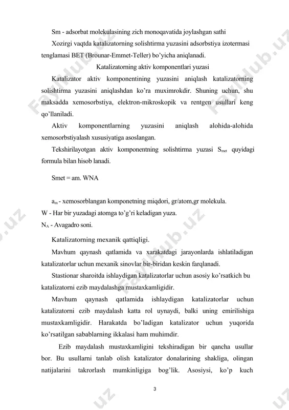 o’llaniladi: 1-rentgenografiya, 2-elektronlar difrakstiyasi (elektronografiya). ba’zi bir muhim masalalarni echish uchun boshqa fizik usullar: termografiya, epr va spektroskopik usullar qo’llanilish mumkin. katalizatorning kislotali - ishqorli xususiyatlari. katalizatorning kislotali xususiyati asosan katalizatorning xususiyatini baholash uchun zarurdir. chunki katalizatorning aktivligi va selektivligi kreking, izomerlash, polimerlash, degidratlash jarayonlarida uning kislotali xususiyatiga bevosita bog’likdir. hozirgi vaqtda gomogen va geterogen kislotali katalizning mexanizmlari bir- biriga o’xshashdir. shuning uchun geterogen katalizda, gomogen katalizdagidek quyidagi tushunchalar «brensted kislotasi», «lyuis kislotasi» va brensted, lyuis kislota markazlari ishlatiladi. lekin kislotali markazlarni katalizator yuzasidagi strukturasi, bir turdagi kislotali markazning ikkinchi turdagisiga o’tishi va ularning jarayonda katalizatorga ta’siri hamon munozarali bo’lib kolmokda. qattiq kislotalar. 1. tabiiy loylar: kaolinit, bentonit, steolitlar, montmonorillonit. 2.silikogel, kvarst, okis alyuminiy va diatomitga o’tkaziladigan h2 so4, h3 po 4 hbo3 3.aralash oksidlar sio2, al2o3 v2 o 3 , al2 o3 , cr2 o3 , al2 o3 , m2 o3, al2 o3 . 3. kation almashinuvchi smolalar. katalizatorning …