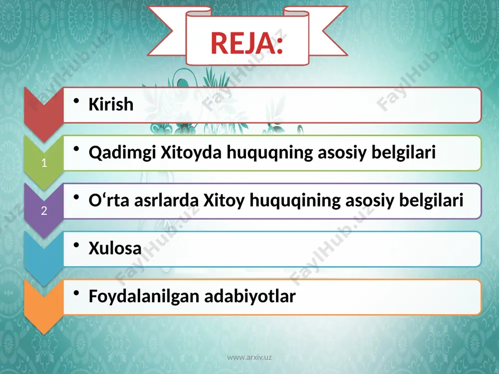 bo`lgan yurish-turishlarida ifodalanadigan o`zlari orasidagi uyg`unlikni ham qamrab oladi. www.arxiv.uz www.arxiv.uz qadimgi xitoy huquqi rivojlanishining 2-bosqichida, ya’ni chjango davridan (miloddan avvalgi v-iii asr) boshlab muntazam jazo kompleksiga ega bo`lgan huquqning roli kuchaygan. bu davrda legizmning eng yorqin vakili shan yan tomonidan xalq va davlatni boshqarish haqidagi legistlarning mukammal ta’limoti yaratilgan. miloddan avvalgi iii asrning 2-yarmida qadimgi xitoy huquqining an’anaviy belgilari va institutlarining qaror topishiga yangi turtki bergan ikkita mafkuraning qarama-qarshi kurashi juda keskinlashgan. legizm birinchi xitoy imperiyasi - sin davlatining (miloddan avvalgi 221-207 yillar) rasmiy mafkurasi bo`lib qolgan. sin imperatori shixuandi- miloddan avvalgi 213 yilda konfutsiylarning kitoblarini yoqib yuborishga buyruq bergan, konfutsiylik oqimiga mansub 400 ta olimni qatl ettirgan. xan sulolasining o`rnatilishi bilan qadimgi xitoy huquqining tashkil topishidagi oxirgi 3-bosqich (miloddan avvalgi iii asr - milodning iii asri) - konfutsiylarning rasman g`alabasi bosqichi boshlangan. konfutsiylik axloqida hukmron bo`lgan me’yorlar bundan buyon kuch bilan, qattiq qonun ("fa") jazosi bilan o`rnatilishi lozim …