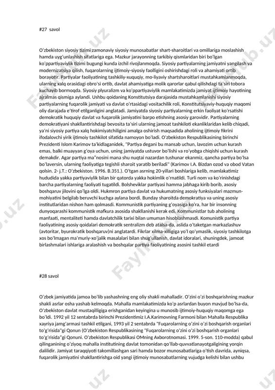 993. 182-b.) o’z-o’zidan biror voqea-hodisa sodir bo’lmaydi, albatta. xx asrning 80-yillar oxiri va 90- yillar boshlaridagi alg’ov-dolg’ov paytlarni nihoyatda chuqur: ham siyosiy, ham iqtisodiy, ham ma‘naviy tahlil qilgan prezident islom karimovning qat‘iy, hal qiluvchi pozitsiyasi quyidagilarni tashkil qilgan edi: - yangilik bilan eskilik o’rtasida hamma vaqt keskin kurashlar, ziddiyatlar va qaramaqarshiliklar bo’lgan. hayotda esa ko’pincha yangilikdan ko’ra eskilik, yaxshilikdan ko’ra yomonlik, ezgulikdan ko’ra yovuzlik yashovchan bo’ladi?! ana shu hayotiy falsafadan kelib chiqib, turmush tarziga aylangan va kundalik hayot qobig’ida o’ralib qolgan mutelik qarashlarni o’zgartirish oson ish emas edi?! - yurt mustaqilligi uchun kurashayotgan yetuk siyosatchidan nihoyatda kuchli iroda, mustahkam asab, sabot va matonat talab etardi. bu intihosiz iztiroblar, hayotining har daqiqasini e’tiqod va g’oya uchun qurbon qilishdek fidoyilik va oliy darajadagi shaxsiy qatiyat va mustahkam fazilat zarur edi! – jamiyat va odamlar hayotida yuz beradigan tub burilishlar paytida yetakchi ma‟naviyruhiy kechinmalar qurshovida qoladi. o’zbekiston ana shunday jarayonni boshidan kechirmoqda. mustaqillik …