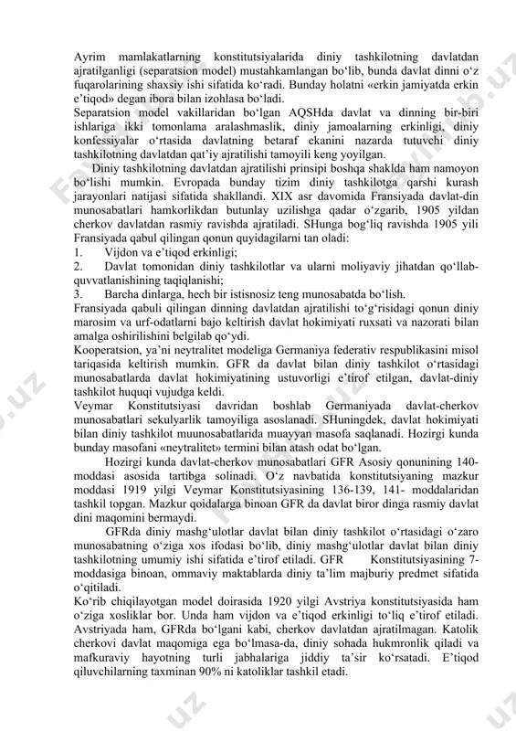lakatlarining aksariyatida davlat dini sifatida islom dini e’tirof etilgan bo‘lib, ko‘pincha, bu haqda ularning nomlarida ham ko‘rsatiladi: pokiston islom respublikasi, eron islom respublikasi. shu bilan birga islom afg‘oniston, misr, iroq, jazoir, tunis va iordaniyada ham davlat dini sifatida e’tirof etilgan. 1979 yili 23 dekabrda tasdiqlangan eron islom respublikasining konstitutsiyasida aytilishicha, «eronda 12 ta imomlarning mavjudligini nazarda tutuvchi ja’fariya mazhabi rasmiy din sifatida e’tirof etiladi hamda bu qoida abadiy o‘zgarmas bo‘lib qoladi» (12-modda). «barcha fuqarolik, moliyaviy, iqtisodiy, ma’muriy, madaniy, harbiy, siyosiy va boshqa qonun-qoidalar islom normalari asosida belgilanishi lozim» (4-modda). qirol bir vaqtning o‘zida hukumat rahbari, oliy bosh qo‘mondon va diniy rahbar sifatida namoyon bo‘ladigan, mutlaq teokratik monarxiyaga saudiya arbistonini misol qilib keltirsa bo‘ladi. bu mamlakat konstitutsiyada qur’oni karim va payg‘ambar alayhis-salom sunnatlari har qanday normadan ustun ekani e’tirof etilgan. saudiya arabistonida mahalliy aholi to‘liq islom diniga e’tiqod qiladi. shuningdek, makka va madina shaharlariga islomdan boshqa dinga e’tiqod qiluvchi shaxsning kirishi …