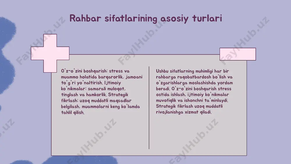 a e'tibor berish bilan rivojlanish muvaffaqiyatli bo'ladi. xulosa rahbar sifatlari va rivojlanish yo'llari rahbarning shaxsiy sifatlari muhim, ular tashkilot muvaffaqiyati uchun asosiy. sifatlarning turlari: insoniy, professional va boshqaruv, ularni rivojlantirish usullari esa treninglar va o'z-o'zini rivojlantirishdan iborat. amaliy jihatlar sifatlarni rivojlantirishda muhim. o'z-o'zini tahlil qilish, fikr-mulohaza olish va motivatsiya, moslashuvchanlik va jamoa bilan ishlashga e'tibor qaratish zarur. bu jarayon davomli va tizimli bo'lishi kerak. kelajak uchun muhim qadamlar: doimiy o'qish va rivojlanish, motivatsiyani saqlash, moslashuvchanlikni oshirish va jamoani boshqarish ko'nikmalarini rivojlantirish. bu sifatlar rahbarlikda muvaffaqiyat kalitidir. foydalanilgan adabiyotlar 1. xolmatov, a. (2020). rahbarlik sifatlari va ularning tashkilotdagi roli. o'zbekiston davlat oliy ta'limi nizomi, 15(3), 45-52. 2. islomov, b. (2019). rahbar sifatlarini rivojlantirish usullari. tashkilot va boshqaruv jurnali, 8(2), 112-120. 3. karimov, d. (2021). liderlik va shaxsiy sifatlar: nazariy va amaliy jihatlar. toshkent: tarakkiyot nashriyoti. 4. o‘zbekiston respublikasi vazirlar mahkamasi (2018). tashkilotlarda rahbarlik va shaxsiy sifatlarni rivojlantirish bo‘yicha yo‘l xaritalari. rasmiy …