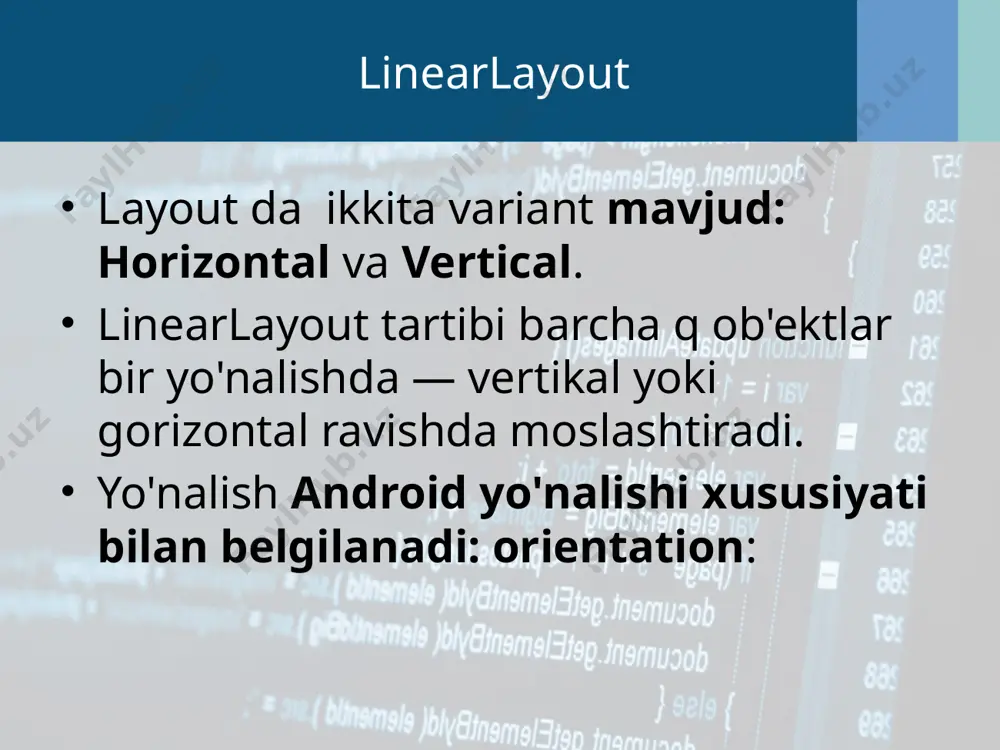 a asoslangan ustunlar sonini hisoblab chiqadi android — verticalspacing-jadval hujayralari orasidagi bo'sh joy hajmini belgilaydi android:columnwidth-ustunlar kengligini o'rnatadi android — stretchmode-bo'sh joy qoldig'ini belgilangan android qiymati bilan jadval uchun ajratilganligini ko'rsatadi: numcolumns="auto_fit". ustunlar xujayralari orasidagi bo'sh joy qoldig'ini kengaytirish uchun yoki spacingwidth — hujayralar orasidagi bo'shliqni kengaytirish uchun columnwidth qiymatlarini qabul qiladi адабиётлар ва интернет ресурслар “beginning androidtm 4 application development”, by wei-meng lee, printed at radha offset, delhi in 2013, pages – 533. chapter-1. getting started with android programming “androidtm application development cookbook”, by wei-meng lee, printed at sharda offset press, delhi in 2013, pages – 385. http://www.tutorialspoint.com/android/android_environment_setup.htm http://www.wikihow.com/set-up-an-android-development-environment http://www.tutorialspoint.com/android/android_architecture.htm http://developer.android.com/sdk/index.html http://opennet.uz/timnet4u/androidda-tezkor-emulator-genymotion-virtual-mashinasidan-foydalanish.html image2.jpg image3.png image4.png image5.png image6.png image1.jpg