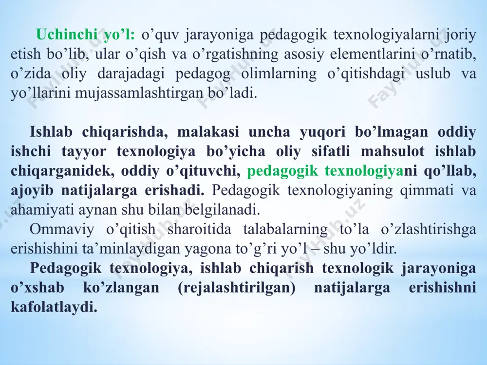 axsini shakllantirish jarayonining loyihasidir». rossiya olimlaridan v.m.monaxov: «pedagogik texnologiya – avvaldan rejalashtirilgan natijalarga olib boruvchi va bajarilishi shart bo’lgan tartibli amallar tizimidir», - degan qisqacha ta’rifni bera turib, uning asosiy xususiyatlariga e’tiborni qaratadi. «pedagogik texnologiya – o’quv jarayonini texnologiyalashtirib, uning qayta tiklanuvchanligini hamda pedagogik jarayon turg’unligini oshirib, bu jarayon ijrochisining subyektiv xususiyatlaridan uni ozod qiladi”, - deydi v.m.monaxov. m.v.klarinning fikricha, «pedagogik texnologiya – o’quv jarayoniga texnologik yondashgan holda, oldindan belgilab olingan maqsad ko’rsatgichlaridan kelib chiqib, o’quv jarayonini loyihalashdir». i.ya.larnerning fikriga ko’ra, pedagogik texnologiya – o’quvchilar harakatlarida aks etgan o’qitish natijalari orqali ishonchli anglab olinadigan aniqlanadigan maqsadni ifodalaydi. v.p.bespalkoning o’zbekistonlik shogirdlaridan nurali sayidahmedov va abdurahmon ochilovlarning fikricha, pedagogik texnologiya – bu o’qituvchi (tarbiyachi)ning o’qitish (tarbiya) vositalari yordamida o’quvchi (talaba)larga muayyan sharoitda ta’sir ko’rsatishi va bu faoliyat mahsuli sifatida ularda oldindan belgilangan shaxs sifatlarini intensiv shakllantirish jarayonidir. o’zbekistonlik pedagog olim b.l.farberman pedagogik texnologiyaga quyidagicha ta’rif beradi: «pedagogik texnologiya – ta’lim jarayoniga yangicha …