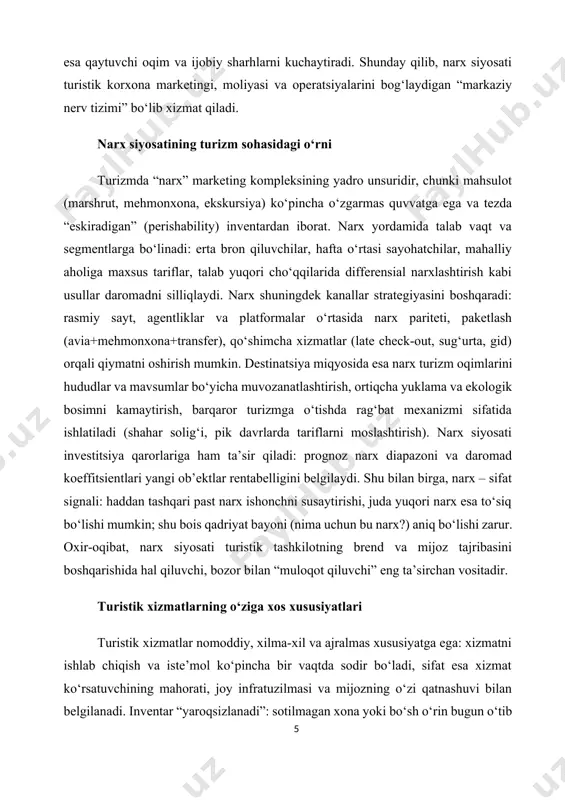 ing yanada kengroq ta’sirini yuzaga keltiradi. shu sababli turizmda narx siyosati doimiy monitoring, bozorni kuzatish va moslashuvchanlikni talab qiladi. · iqtisodiy omillar (talab va taklif, inflyatsiya, valyuta kursi) turizmda talab va taklif narx siyosatining eng asosiy omillaridan hisoblanadi. talab ko‘tarilishi narxlarni oshiradi, ammo haddan tashqari oshirilgan narxlar raqobatbardoshlikni yo‘qotishga olib keladi. taklif yetishmovchiligi, masalan, cheklangan mehmonxona joylari yoki transport vositalari, narxlarning keskin oshishiga sabab bo‘ladi. inflyatsiya narx siyosatini doimiy ravishda qayta ko‘rib chiqishni talab qiladi, chunki xizmat ko‘rsatish xarajatlari oshishi narxlarni majburan ko‘taradi. valyuta kursi esa ayniqsa xalqaro turizmda muhim: milliy valyutaning qadrsizlanishi xorijiy sayyohlar uchun xizmatlarni arzonlashtirsa, milliy iste’molchilar uchun chet elga sayohatni qimmatlashtiradi. shunday qilib, iqtisodiy omillar turistik xizmatlarning narx dinamikasiga to‘g‘ridan-to‘g‘ri va tezkor ta’sir ko‘rsatadi. grafikda turizmda narx siyosatiga ta’sir etuvchi asosiy omillar taqqoslab ko‘rsatilgan. unda ta’sir darajasi shartli ravishda 1 dan 10 gacha baholangan. * talab va taklif hamda mavsumiylik eng kuchli ta’sir omillari sifatida 9 …