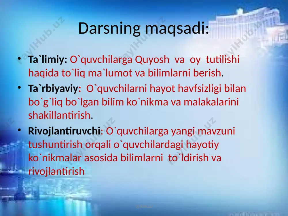 lig’iga yer tushib qolsa ,oy tutilishi ro’y beradi aim.uz yerning o’z o’qi atrofida aylanishi tufayli kun va tun almashinadi.oy ham o’z o’qi atrofida aylanadi.oyning kunduzgi yorug’ tushmagan qismi bizga ko’rinib ,yorug’ tushmagan qismi ko’rinmaydi.uni oy tutilishi bilan adashtirmaslik kerak. aim.uz yangi mavzuni mustahkamlash 1)oy tutilishi qachon boladi? 2)yil davomida qaysi bir hodisa ko’proq kuzatilishi mumkin : oy tutilishimi yoki quyosh tutilishi? uyga vazifa: refaratlar yozib kelish aim.uz e’tiboringiz uchun raxmat aim.uz image1.jpg image2.jpg image3.jpg image4.jpg image5.jpeg image6.jpeg image7.jpeg image8.jpg image9.jpeg image10.jpg image11.png image12.jpeg image13.jpg image14.jpeg image15.jpg image16.jpeg image17.jpeg image18.jpg image19.jpg /docprops/thumbnail.jpeg