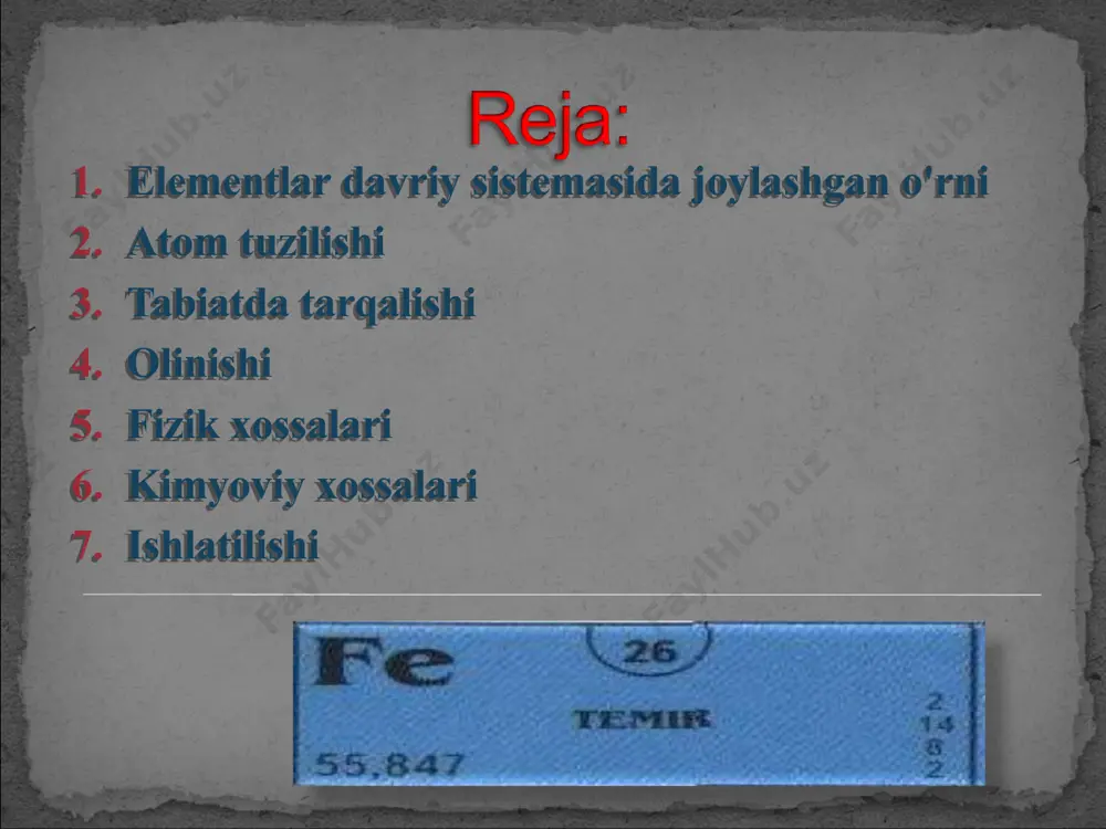 gurt, uglerod, azot bilan reaksiyaga kirishadi: 2fe + n2 — 2fen temir (il)-nitrid fe + s — fes temir (il)-sulfid 3fe + c - fe3c temir karbid 2fe + 3cl2 - 2fecl3 temir (iii)-xlorid cho'g'langan temir suv bug'i bilan ta'sirlashadi, natijada temir kuyindisi va vodorod hosil bo'ladi, lekin bu reaksiya qaytar reaksiya hisoblanadi: 3fe + 4h2o = fe3o4 + 4h2 nam havo va suvda temir korroziyaga uchraydi, yemiriladi, zanglaydi. temir boshqa metallar orasida inson uchun eng katta ahamiyatga ega metalldir. zamonaviy texnikaning barcha sohalari temir va uning qotishmalari bilan chambarchas bog'liq. amaliyotda toza temirdan kamroq, lekin uning qotishmalari bo'lib hisoblanadigan - po'lat va cho'yandan juda keng miqyosda foydalaniladi. ularning ahamiyati shu darajada kattaki, ular alohida - qora metallar deb, boshqa metallardan ajratilgan. po'lat va cho'yan bilan esa keyingi mavzuda tanishamiz.