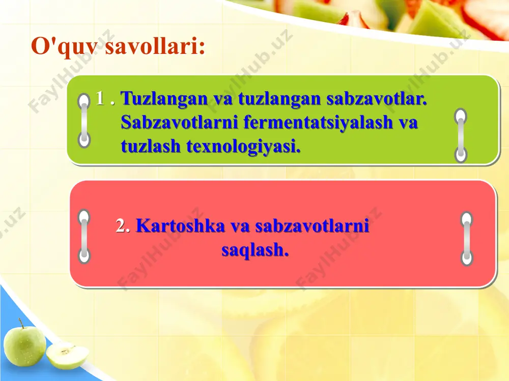 nsentratsiyasi; 4) harorat va boshqalar. tuzlash, tuzlash va ho'llash bir xil konserva usuli uchun turli nomlardir. tuzlangan sabzavotlar tarkibida sut kislotasi (1,8% gacha) va oz miqdorda osh tuzi (2% gacha) ko'proq bo'ladi. tuzlangan sabzavotlar tuzlanganlarga nisbatan kamroq sut kislotasi (1,4% gacha) va ko'proq tuz (4,5% gacha) o'z ichiga oladi. tuzlash (tuzlash) konservalashning keng tarqalgan usuli bo'lib, xom ashyo yuzasida va havoda mavjud bo'lgan sut kislotasi bakteriyalari tomonidan mahsulot qandlarini fermentatsiyalash natijasida sut kislotasi hosil bo'lishiga asoslangan. sut kislotasi chirigan bakteriyalarning faolligini inhibe qiladi. sut kislotasining to'planishi jarayonini tezlashtirish uchun ko'p miqdorda shakar (karamda 4-5%, bodringda 2,0-2,5%) bo'lgan xom ashyolardan foydalanish yaxshidir. sut kislotasi bakteriyalarining sof madaniyatidan tayyorlangan xamirturushlar fermentatsiya mahsulotlari sifatini yaxshilashga va fermentatsiya jarayonini tezlashtirishga yordam beradi. sut kislotasi bakteriyalari kislorodga muhtoj emas, shuning uchun, masalan, tuzlangan karam tuzlangan karam bo'lsa, u siqiladi. sut kislotasi fermentatsiyasidan tashqari, fermentatsiya paytida xamirturushdan kelib chiqqan spirtli fermentatsiya ham sodir bo'ladi. spirtli ichimliklar …