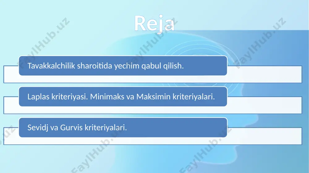 k sharoitida kriteriyani tuzish hech qanday qiyinchilik tug'dirmaydi, ammo tavakkalchilik va aniqmaslik sharoitlarida esa turli kriteriyalar ishlatiladi. ularning hech biri bekami-ko‘st, kamchiliksiz hisoblanmasdan, faqat turli ko'rinishda bo‘lgan talablarni qanoatlantirishi bilan cheklanadi. ko‘rilayotgan masala ikki ishtirokchili o‘yinga keltirilgan bo'lib, ikkinchi ishtirokchi "ongsiz" raqib sifatida qabul qilinsa, bunday o'yin tabiat bilan o ‘yin deb ataladi. bunday o'yinning eng muhim tomoni: tabiat turli holatlarni keltirib chiqarish bilan, u bu holatlarning qaysi biri ro'y berishidan manfaatdor emas. tabiat bilan o'yin masalasidagi asosiy muammo — maqsadga yo'naltirilgan kriteriyani aniqlash va unga nisbatan op­timal yechimni topishdir. agar ko'rilayotgan masalada ikkinchi ishtirokchi ongli raqib, deb faraz qilinsa, mazkur holat ziddiyatli bo'lib, u bilan o'yinlar nazariyasi shug'ullanadi. tabiat bilan o‘yin masalasi biz bu punktda tabiat bilan o‘yin masalasida uchraydigan turli kriteriyalar bilan tanishib chiqamiz. bular: yutuqning ma­tematik kutilmasi kriteriyasi, laplas kriteriyasi, valdning minimaks (maksimin) kriteriyasi, sevidj kriteriyasi, gurvits kri­teriyasi va hodja-leman kriteriyasi. yechim qabul qilishda qaysi kriteriyaning tanlanishi, …