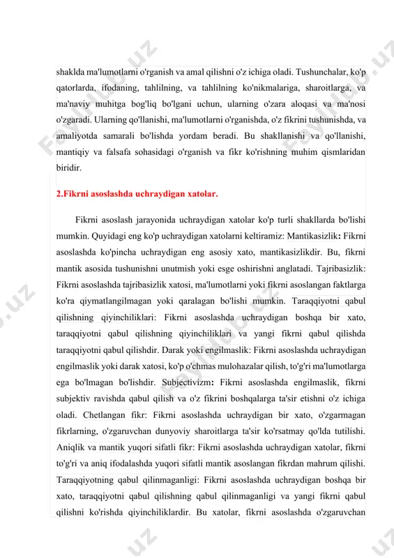 va : tushunchalarni qabul qilish va qonunlarga muvofiq qarash. fikr o'zgarishlari ko'rsatkichlar olish. amaliyot: tushunchalarning amaliy o'ziq-ovqati, har bir shaklda ma'lumotlarni o'rganish va amal qilishni o'z ichiga oladi. tushunchalar, ko'p qatorlarda, ifodaning, tahlilning, va tahlilning ko'nikmalariga, sharoitlarga, va ma'naviy muhitga bog'liq bo'lgani uchun, ularning o'zara aloqasi va ma'nosi o'zgaradi. ularning qo'llanishi, ma'lumotlarni o'rganishda, o'z fikrini tushunishda, va amaliyotda samarali bo'lishda yordam beradi. bu shakllanishi va qo'llanishi, mantiqiy va falsafa sohasidagi o'rganish va fikr ko'rishning muhim qismlaridan biridir. 2.fikrni asoslashda uchraydigan xatolar. fikrni asoslash jarayonida uchraydigan xatolar ko'p turli shakllarda bo'lishi mumkin. quyidagi eng ko'p uchraydigan xatolarni keltiramiz: mantikasizlik: fikrni asoslashda ko'pincha uchraydigan eng asosiy xato, mantikasizlikdir. bu, fikrni mantik asosida tushunishni unutmish yoki esge oshirishni anglatadi. tajribasizlik: fikrni asoslashda tajribasizlik xatosi, ma'lumotlarni yoki fikrni asoslangan faktlarga ko'ra qiymatlangilmagan yoki qaralagan bo'lishi mumkin. taraqqiyotni qabul qilishning qiyinchiliklari: fikrni asoslashda uchraydigan boshqa bir xato, taraqqiyotni qabul qilishning qiyinchiliklari va yangi fikrni qabul …
