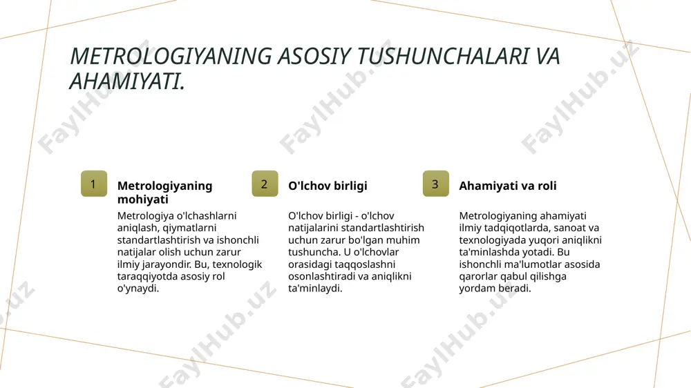 ot va aqlli tizimlar sohasida innovatsiyalarni taqdim etadi. xatoliklar nazariyasining asosiy tushunchalari va terminologiyasi. 1 xatolik tushunchasi xatolik - o'lchov natijalari va haqiqiy qiymatlar orasidagi farqdir. o'lchov jarayonidagi noaniqliklar sababli xatoliklar yuzaga keladi. 2 xatolik turlari o'lchov xatoliklari sistematik va tasodifiy turlarga bo'linadi. sistematik xatoliklar doimiy, tasodifiylar esa o'zgaruvchan xususiyatga ega. 3 xatoliklarni hisoblash xatoliklarni aniqlash va hisoblashda statistik usullar qo'llaniladi. bu usullar yordamida o'lchov natijalarining ishonchliligini baholash mumkin. o'lchov xatoliklari: turlari va sabablarini tahlil qilish. 1 o'lchov xatoliklari - o'lchov xatoliklari, o'lchov jarayonida kutilmagan natijalar sifatida paydo bo'lib, o'lchovning aniqligini pasaytiradi va natijalarning ishonchliligiga ta'sir qiladi. 2 xatolik turlari - o'lchov xatoliklari uch xil turga bo'linadi: sistematik, tasodifiy va insoniy xatoliklar. har bir tur o'lchov natijalariga turlicha ta'sir qiladi. 3 sabablari - o'lchov xatoliklarining sabablari asosan asboblarning aniqligi, muhit sharoitlari va inson faktorlariga bog'liq. bu omillar natijalar sifatiga bevosita ta'sir qiladi. 4 ta'sirini kamaytirish - o'lchov xatoliklarini kamaytirish uchun …