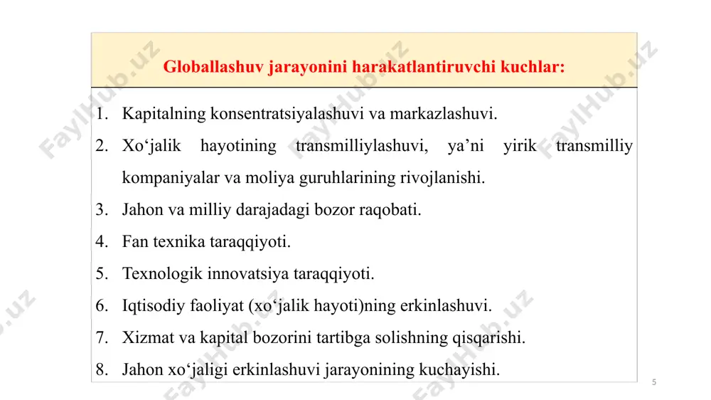 arlar” deb ataladigan shaharlar paydo bo‘la boshladi. “global shaharlar konsepsiyasi” mualliflari amerikalik sotsiolog va iqtisodchi s.sassen-koob (1991) va a.king (1990) hisoblanadi. ularning fikriga ko‘ra, global shaharlar global iqtisodiy, moliyaviy va innovatsiyalarni boshqaruv markazlaridir. jahon shaharlari o‘rtasidagi munosabatlar qat’iy iyerarxik tuzilishga ega. britaniyalik iqtisodchi p.teylorning fikricha, dunyo shaharlari uch sinfga bo‘linadi: “α-alfa”, “β- beta” va “γ-gamma” shaharlar. iyerarxiyaning eng past o‘rnini γ-shaharlar egallaydi – ular sanoat, xom-ashyoni qazib olish va qayta ishlash bilan chambarchas bog‘liq bo‘lgan shaharlardir. 19 β- shaharlar o‘z nazorati ostidagi γ- shaharlar hosil qilgan resurs oqimlarini qayta taqsimlaydi va α-shaharlar β- shaharlarga xizmat ko‘rsatishga ixtisoslashgan. shu bilan birga, har bir shaharning juda aniq belgilangan mas’uliyati, o‘z maydoni bor va bu iyerarxik holatda iqtisodiy makonni kengaytirish yoki kamaytirish jarayoni juda sekin boradi. global shahar (“alfa shahar” deb ham yuritiladi) – global iqtisodiy tizimning muhim elementi hisoblangan shahardir. 20 “global shahar” atamasi quyidagi yo‘nalishlar asosida global ta’sirga ega bo‘lgan urbanizatsiyalashgan …
