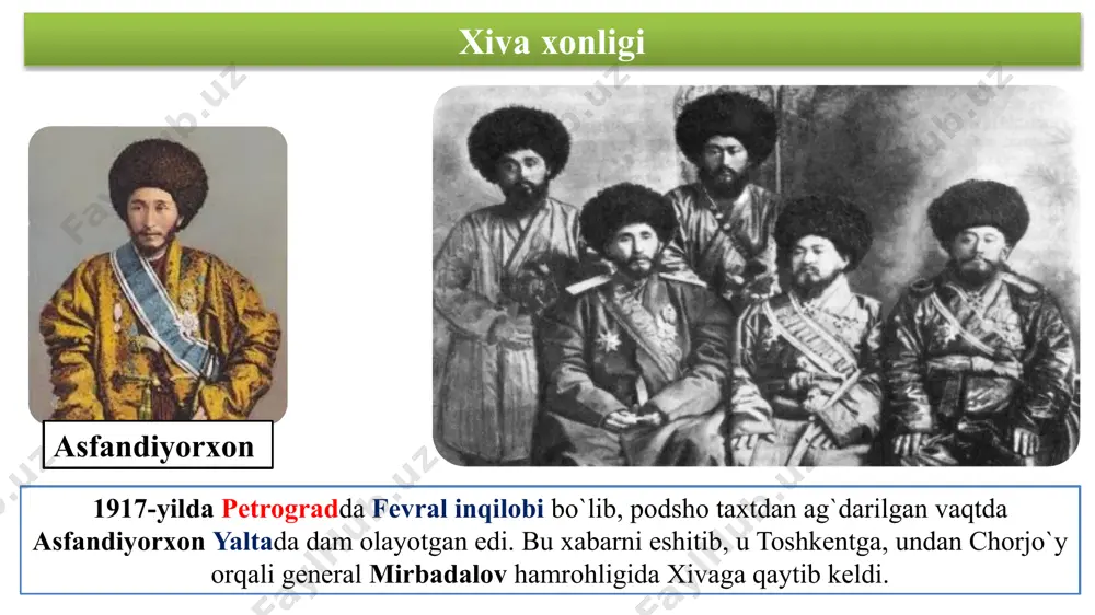 oro amirligi 1917-yil 7 aprelda yosh buxoroliklar tayyorlagan manifestni amir said olimxon tasdiqlashga majbur bo`ldi amir said olimxon amir olimxon 1917- yil 14 aprelda o`z farmonini bekor qilib, yosh buxoroliklarni yoppasiga ta‘qib eta boshladi. ular amirning zulmidan qochib xorijga ketishga majbur bo`ldilar. fayzulla xo`jayev yosh buxoroliklarning ikkinchi guruhi fayzulla xojayev boshchiligida xonga qarshi ruslar bilan til biriktirib pinhona ish yuritdilar. amir eng muhim pallada 3 000 kishini jadidchilikda ayblab nohaq qatl ettirdi. natijada xalqni amirdan ko`ngli qoldi va fitrat hamda fayzulla xojayevlar xorijga qochib ketishdi. ular germaniyada o`qigan edilar… amir siyosatidan qochgan bir guruh yoshlar turkiya va germaniyada ta’lim olishdi va davlatda demokratik islohatlar o`tkazish maqsadida vatanga qaytishid. afsuski ular chet el josuslari aybi bilan qatag`on qilingan. 1920-yil 1 sentyabr, dushanba kuni leninchi bolsheviklarning mixail frunze qo`mondonligidagi qo`shini buxoroga bostirib kirib, muhammad ali bojuvoniyning ta'riflashicha, "qiyomati asg`ar"ni (kichik qiyomat) yuzaga keltirdi. 11 ta samalyot shaharni osmondan bombardimon qilishi, piyoda bosqinchi …