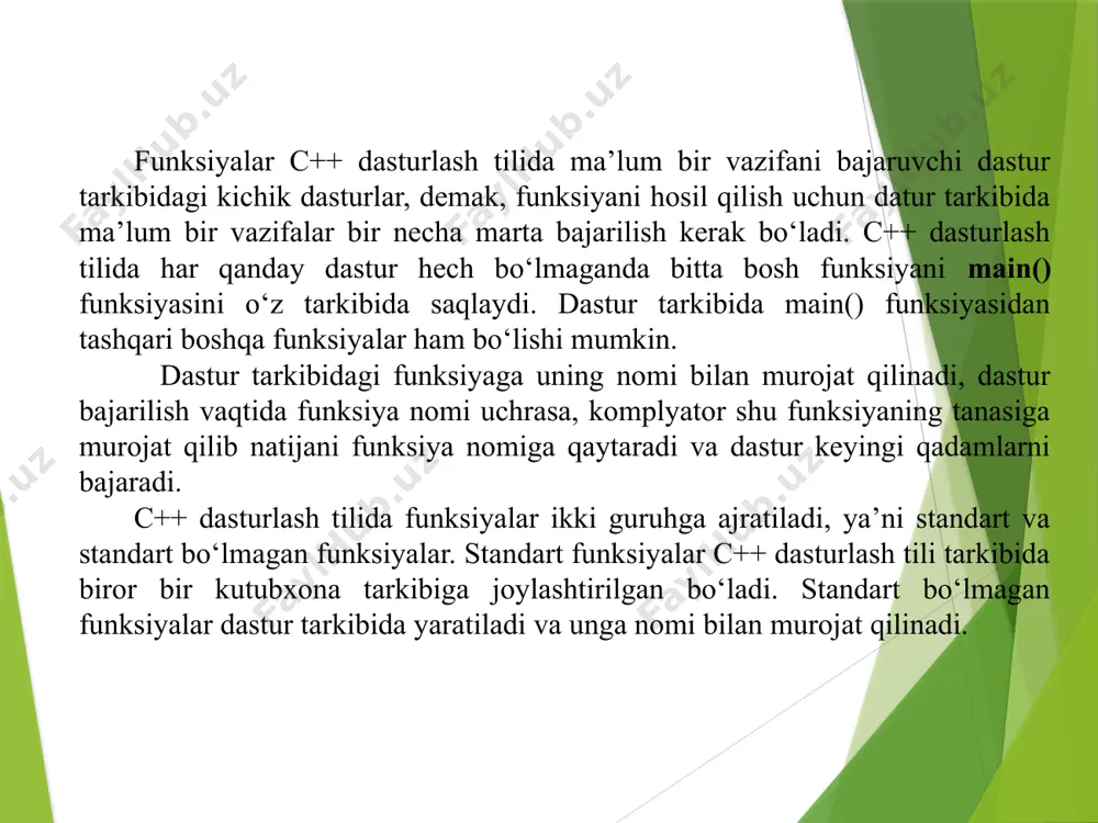in nuqtali vergul qo’yilmaydi, { qavs ochilib buyruqlar yoziladi va natija return xizmatchi so‘zidan keyin probel bilan yoziladi keyin } qavs yopiladi. funksiya tanasi tarkibi yozilishida xuddi boshqa dastur tuzilishi kabi unda ishlatiladigan o‘zgaruvchilar e’lon qilinadi, buyruqlar nuqtali vergul yordamida ajratilib yoziladi. funksiyalarni c++ dasturlash tilida tasvirlash jarayonining umumiy ko‘rinishi quyidagicha bo‘ladi: ( ) { ; ; return natija; } funksiyalar tansini tasvirlashda funksiya qaytaradigan qiymat yoki ifoda return so‘zidan keyin probel bilan yozilishi kerak va nuqtali vergul qo’yiladi. #include int yig(int a, int b); using namespace std; int main() { int x,y,z; cin>>x>>y; z=yig(x,y); cout int fak(int n) { int p=1; for(int i=1;i >x; cout int buluvchi(int x); float m; int x=16; using namespace std; int main() { cout int yig(int a, int b); int a=20, b=10; using namespace std; int main() { cout int yig(int a, int b); int a=20, b=10; using namespace std; int main() { cout<<yig(a,b); …