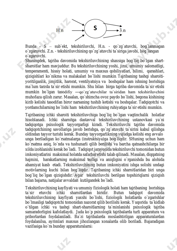 t o'rtasidagi oraliq usul, bevosita (instrumental) kuzatish sifatida tavsiflash mumkin. psixologik o'lchov bevosita (instrumental) kuzatish va laboratoriya eksperimentining xususiyatlarini birlashtiradi. bu vositalardan maksimal darajada foydalanish bilan amalga oshiriladi, bu esa xatti-harakatlarning ob'ektiv yozilishiga hissa qo'shadi. o'lchov(shkalalashtirish) jarayoni standartlashtirilgan bo'lib, eksperimental sharoitlarga o’tkaziladi. turli xil vazifalar, testlar, anketalar psixologik o'lchashda muhim ro’l o'ynaydi. psixologiyada, o'lchash (shkalalashtirish) ob'ektidan kelib chiqib, psixologik o'lchashning uchta asosiy usuli mavjud: 1) ma'lum bir shaxsning namoyon bo'lishi, ma'lum bir ruhiy holatning mavjudligi va shaxsning ma'lum bir tipga mansubligi nuqtai nazaridan bir kishining boshqasidan qanday farq qilishini aniqlash uchun odamlar xulq-atvorining xususiyatlarini o'lchash. psixolog xulq-atvor xususiyatlarini o'lchab, odamlar o'rtasidagi o'xshashlik yoki farqlarni aniqlaydi. psixologik o'lchov sub'ektning o'lchoviga aylanadi; 2) o'lchovdan sub'ekt uchun vazifa sifatida foydalanish, u tashqi ob'ektlarni o'lchaydi (tasniflaydi, baholaydi): boshqa odamlar, tashqi olamning stimuli yoki ob'ektlari; 3) rag'batlantirish va odamlarni birgalikda o'lchash (birgalikda o'lchash). tahminlarga ko'ra, "stimul" va "reaksiya" bir xil joylashtirilishi mumkin. psixologik o'lchov sifatida …