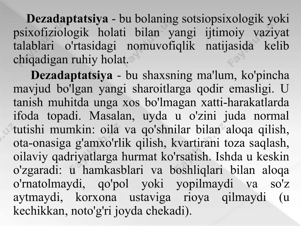 chasi kriminogen guruhlarga yo'naltirilganligi, ongning deformatsiyasi, qadriyat yo'nalishlari, beparvolik, giyohvandlik, alkogolizm va huquqbuzarliklarni boshlashi bilan kuchayadi. ijtimoiy buzilish - bu qaytariladigan jarayon. shaxsiy (ichki) sabablar insonni o'z ehtiyojlarini jamiyatda etarlicha bajarilmasligiga olib keladi. bu bo'lishi mumkin: • uzoq davom etadigan kasallik; • ruhiy kasalliklar va anomaliyalar; • cheklangan imkoniyatlar; • uzoq izolyatsiya; • boshqa faoliyat sohasiga o'tish (uzoq ish safari, akademik ta'til, tug'ruq ta'tillari); • pedagogik e'tiborsizlik, ma'lumot etishmasligi. atrof-muhit (tashqi) omillar odamning g'ayrioddiy, noqulay yashash sharoitlarini yaratadi, bu uning shaxsiy namoyon bo'lishiga xalaqit berishi mumkin. bularga quyidagilar kiradi: • oiladagi noqulay vaziyat; • bolaga ota-onadan mehr va e'tiborning etishmasligi; • tengdoshlar bilan o'zaro tushunishning yo'qligi, jamoaning rad etilishi; • yangi vaziyat, odatdagi turmush tarzining o'zgarishi, kutilmagan hodisalar, inqiroz (burilish) lahzalari; • idealizatsiya qilingan virtual dunyo tushunchasini shakllantiradigan internet va ommaviy axborot vositalarining salbiy ta'siri; • bir odamning noto'g'ri ishlashi (o'qituvchi, ota-ona, xo'jayin, er); • jismoniy va hissiy haddan tashqari …