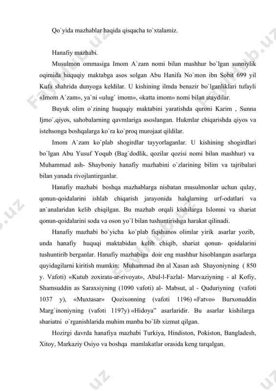 uqiy maktabiga tayanib asos solgan. uning mashhur «al-muvatto» kitobi molikiya mazhabining asosi hisoblanadi. ushbu kitobga sharhlar ham yozilgan. «ar-raddu alal-qadariya», «al-maunatul-kubro» ham imom molik asarlari hisoblanadi. molik madinaning mashhur olimlaridan fiqhni o`rganib, ular qo`llaydigan ahli hadis uslubini qabul qildi va o`z shogirdlarini ham ushbu uslubda tarbiyaladi. madina ahli ko`pchiligining kelishuvi uning nazarida hukm chiqarish uchun bir hadisga teng edi. negaki, u ushbu shahar ahlini payg`ambar va uning sahobalari yo`l-yo`riqlarini mukammal bilib olgan va unga asoslanib amal qilib kelganlar deb e`tibor berar edi. «islomda huquq« kitobida ta`kidlanishicha, imom molik madina maktabini izohlashda o`ziga xos amaliyot va mantiqdan foydalanish bilan mo`tabar rivoyatlarni bir-biriga qo`shib ishlatishdek muayyan uslubga ega edi. uning ilmiy-huquqiy tafakkuri ko`pincha, to`g`ri va uyg`unlashgan bo`lib, ko`zga tashlanadi. molikiya mazhabi hanafiya mazhabi kabi urf-odatni tan oladi. molikiya faqihlaridan bo`lmish alvon shireziyning (1508 yilda vafot etgan) aytishicha, imkoni boricha urf-odatlarni ilohiy qonunlar bilan uyg`unlashtirsh kerak. molikiylar «masolihi-mursala» deb atalmish manfaat prinsipini qo`shimcha …