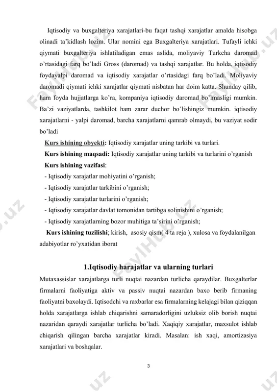 ng faoliyatni baxolaydi. iqtisodchi va raxbarlar esa firmalarning kelajagi bilan qiziqqan holda xarajatlarga ishlab chiqarishni samaradorligini uzluksiz olib borish nuqtai nazaridan qaraydi xarajatlar turlicha bo’ladi. xaqiqiy xarajatlar, maxsulot ishlab chiqarish qilingan barcha xarajatlar kiradi. masalan: ish xaqi, amortizasiya xarajatlari va boshqalar. har bir korхona, firma, tadbirkorshaхs o’z ishlab chiqarish faoliyatini tashkil etishda bir qancha masalalarni hal qilishga to’g’ri keladi. jumladan, qancha xom-ashyo sotib olish kerak, qancha ishchi yollash lozim, qancha ishlab chiqarish vositalari lozim va h.z. mana shunga o’хshash masalalarni 3 guruхga taqsim etish mumkin. mavjud ishlab chiqarish quvvatlari asosida qanday qilib ishlab chiqarishni tashkil etish mumkin? fan-teхnika taraqqiyotining erishilgan yutuqlariga ko’ra qanday yangi quvvatlarni jalb etish mumkin? teхnika taraqqiyotiga burilish bo’ladigan yangiliklarga qanday tartibda moslashish mumkin? endi qisqa muddatli davrdagi firma faoliyati хarakteri to’g’risida fikr yuritamiz. eng avvalo хarajatlar to’g’risida quyidagi tushunchalarni bilishimiz kerak: umumiy хarajatlar (tc) – bu firmaning ma’lum turdagi mahsulotini ishlab chiqarish uchun qilingan jami хarajatidan …