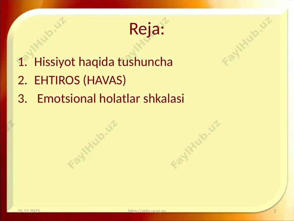 issiyotlar bilan chambarchas bog`liqdir. his-tuyg`ularni biz uchun yoqimli va yoqimsiz bo`lgan his-tuyg`ularga ajratish mumkin. yoqimli his-tuyg`ular, ularni boshdan kechirayotgan kishining nuqtai nazari bilan qaraganda ijobiy his-tuyg`ular, yoqimsizi - salbiy his-tuyg`ular bo`ladi. ular o`rtasida birinchi va ikkinchi his-tuyg`ularga kiritilishi mumkin bo`lgan ko`pgina oraliq his-tuyg`ular mavjuddir. masalan, qo`rquv ba`zan jangovor ruhni, o`zini himoya qilish uchun aktiv harakat qilishga tayyorlikni o`z ichiga oladi; qo`rquv hissi orqaga qaytishga ham, dadil hujum qilishga ham undashi mumkin. muvaffaqiyat quvonchiga ba`zan ma`yuslik hamroh bo`ladi. his-tuyg`ular aktiv yoki passiv bo`lishi mumkin. agar kishi hayajonlangan, diqqati kuchaytirilgan bo`lsa (masalan imtihon oldida turgan talaba) yoki alohida ko`tarinkilikni (ijodiy ish davrida) his qilsa, uning tuyg`ulari aktiv bo`ladi. aksincha kishining holati noaniq bo`lsa, his-tuyg`ulari ham sust o`tib boradi. his-tuyg`ularning aktivligi ularni stenik (g`ayrat o`yg`otuvchi) tuyg`ularga aylantiradi. ular kishining kuch va g`ayratini oshiradi. aksincha, his-tuyg`ularning passivligi shunda ifodalanadiki, ular astenik (bushashtiruvchi) tuyg`ularga aylanib, ishchanlikni, g`ayratni pasaytiradi. stenik tuyg`ularga mardlik, jangovar ruh, g`alaba quvonchini …