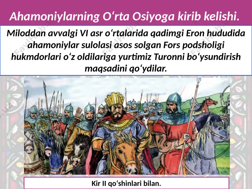 h rejasini aytdi va o‘zining quloq, burnini kesishlarini talab qildi. turonning mard o‘g‘loni shiroq dushman qo‘lida halok bo‘ldi. lekin xalqini, vatanini bosqinchilardan saqlab qoldi. doroning qo‘shini sahroda qolib ketib, halokatga uchradi. shiroq dushmanlar orasida image2.jpg image3.emf image4.jpeg image5.jpeg image6.jpeg image7.jpeg image8.jpeg image9.emf image10.jpeg image11.jpeg image12.jpeg image13.png image14.jpeg image15.jpeg image16.emf image1.jpg