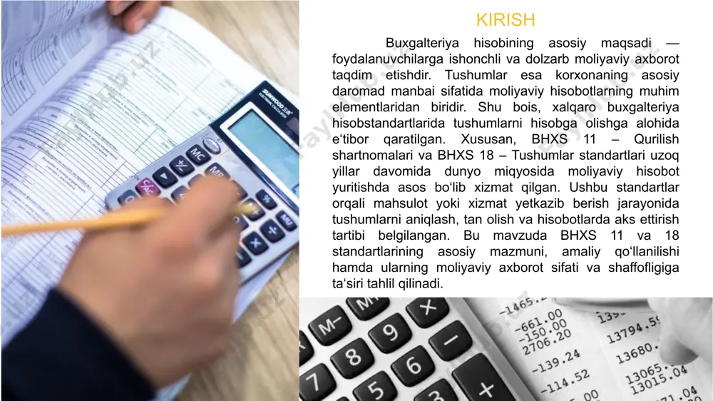 noaniqliklar shartnoma bo‘yicha daromadning baholanishiga ta‘sir qiladi. hodisalar ro‘y berishi va noaniqliklar hal bo‘lishi sari taxminiy baholashlar tez-tez qayta ko‘rib chiqilishi talab etiladi. shu bois ham, shartnoma bo‘yicha daromadning summasi bir davrdan ikkinchi davrga o‘tganda bir ko‘payib bir kamayishi mumkin. masalan: 01 (b) daromadning summasi ishonchli ravishda baholanishi mumkin bo‘lsa. 02 (a) agar o‘zgartirish va o‘zgartirish natijasida yuzaga keluvchi daromad summasi buyurtmachi tomonidan tasdiqlanishi ehtimoli mavjud bo‘lsa; o‘zgartirish - bu shartnoma bo‘yicha bajariladigan ishlar ko‘lamiga o‘zgartirish kiritilishiga buyurtmachi tomonidan berilgan ko‘rsatmadir. o‘zgartirish shartnoma bo‘yicha daromadning o‘sishi yoki kamayishiga olib kelishi mumkin. o‘zgartirish misoli bo‘lib shartnoma muddatini o‘zgartirish yoki qurilish ob‘ektiga qo‘yiladigan texnik talablarni yoki uning loyihasini o‘zgartirish xizmat qiladi. o‘zgartirish summasi quyidagi hollarda shartnoma bo‘yicha daromadga kiritiladi: da‘volar bo‘yicha daromadlar - bu shartnoma narxiga kiritilmagan xarajatlarning buyurtmachi yoki boshqa shaxs tomonidan qoplanishi sifatida pudratchi tomonidan olinishi kutilayotgan summa. da‘vo quyidagilar natijasida yuzaga kelishi mumkin: masalan, buyurtmachining aybi bilan yo‘l qo‘yilgan …
