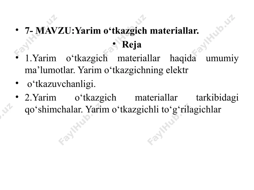 i natijasida “teshik” yoki “kovak” qoldiradi. electron bir sathdan ikkinchi sathga ko’chishida uning o’rnida qolgan teshik ham siljiydi. teshikning siljish yo’nalishi maydon vektori (e) yo’nalishiga yoki musbat zaryad yo’nalishiga mos tushadi. bu turdagi yarim o’tkazgichlar teshikli (p-turli) yarimo’tkazgichlar deyilib, ularning qo’shimchalari “atseptor”lar deyiladi. yarim o’tkazgichlarning “n” turdagi asosiy zaryad eltuvchilar elektronlar, “p” turlisida esa teshiklar hisoblanadi. “p-n” o’tishda yarim o’tkazgich (germaniy, kremniy va hokazo) yuzasidan qo’shimcha (indiy, fosfor)larni eritish orqali hosil qilinadi. bunda monokristal yupqa taxtacha shaklida kesib tekislanadi, saqlaniladi, tozalanadi va grafitli kassetaga o’rnatilib, pechda ma’lum vaqt issiqlik ta’sir ettiriladi. bu usul elektronli yarim o’tkazgichda esa donor qo’shimchasini eritishga asoslangan. “p-n” o’tishi elektr-kimyoviy, kristall olish (o’stirish mobaynida) va boshqa usullarda ham hosil qilinadi. agar yarim o’tkazgich kristallida p-n-p yoki (n-p-n) o’tishlar hosil qilinib, bu qismlar (emitter–1, kollektor–2, elektrod-3) ga simlar ulansa, tok kuchaytiruvchi asbob-tranzistor vujudga keladi. “p-n” o’tishli diodlarning belgilanishidagi birinchi harf: g-germaniy, k-kremniy, a-galiy, i-indiy; ikkinchi harf: d-to’g’irlagich, …