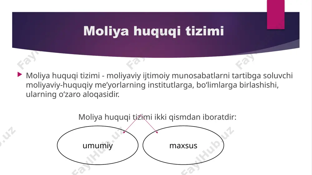 ishlar idoralari (huquqni muhofaza qiluvchi organlar) xodimlari ham respublikamizda yashayotgan boshqa fuqarolar qatori ayrim turdagi davlat soliqlarini to‘laydilar (masalan jismoniy shaxslardan transport vositalariga benzin, dizel yoqilg‘isi va gaz ishlatganlik uchun to‘lanadigan soliqlar kabi); uchinchidan, bu eng asosiysi ichki ishlar idoralari (huquqni muhofaza qiluvchi organlar) xodimlariga moliyaviy faoliyatda yuzaga keladigan jinoyatlarning oldini olish, ularga qarshi kurash olib borish va sodir etilgan jinoyatlarni tez va to‘lik ochish vazifalari yuklatilgan. foydalanilgan adabiyotlar moliya huquqi: ma’ruzalar kursi/e.xojiev,o.kamalov, b.artikov.-t, o’zbekiston respublikasi o’zbekiston respublikasi budjet kodeksi li.a.a. o’zbekiston respublikasi moliya huquqi: darslik-t, 2006. image1.jpeg image2.jpeg /docprops/thumbnail.jpeg