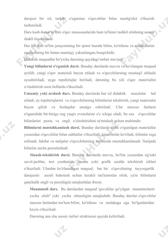 i mustahkamlash darsi: 1. tashkiliy qism. 2. uyga berilgan topshiriqni tekshirish. 3. o'quvchilardan so'rash, o'quv materialini mustahkamlash. 4. uyga topshiriq berish. 5. darsni yakunlash. iv. sinash-tekshirish darsi: 1. tashkiliy qism. 2. o'qituvchining topshirig'ini tekshirish. 3. o'quvchilarning savollariga javob berish. 4. o'quvchilarning topshiriqlarini bajarishni tekshirish. 5. bajarilgan ishlami o'qituvchiga topshirish. 6. uyga topshiriq berish. 7. darsni yakunlash. v. muammoli dars: 1. tashkiliy qism. 2. muammoni bayon qilish. 3. muammoni hal qilish yo'llarini ko'rsatish va hal etish. 4. natijalarni muhokama qilish. 5. o'qituvchining izohlashi va umumlashtirishi. 6. uyga topshiriq berish. 7. darsni yakunlash. kasb-hunar ta'limida darslarga qo'yiladigan talablar zamonaviy dars, masalan, maxsus va umumtexnika fanlari bo'yicha dars qanday bo'lmog'i lozim? eng avvalo, u hozirgi vaqtda pedagogika, psixologiya, ta'lim metodikasi erishgan yutuqlarga asoslanishi, shuningdek, o'rganilayotgan kasb sohasidagi fan-texnika taraqqiyotini jadallashtirish tendensiyasini hisobga olish kerak. uning mazmuni va metodikasi hozirgi kunda o'rta maxsus, kasb-hunar ta'limi muassasalari oldida turgan dolzarb vazifalarini hal qilishga qaratilmog'i lozim. …