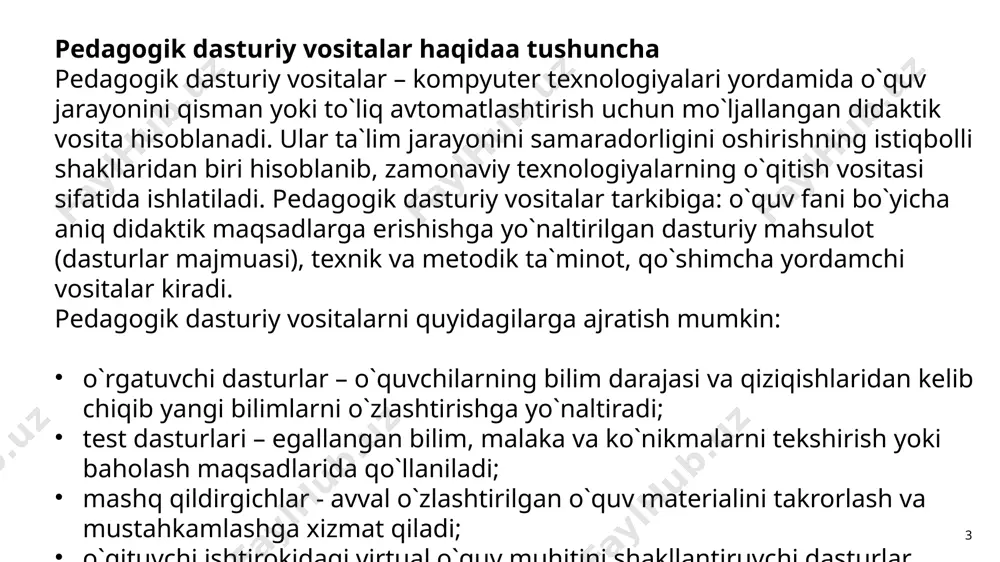 ntirishda o`quvchilarning funksional va psixofiziologik imkoniyatlari inobatga olinishi shart. pedagoglarning pedagogik dasturiy vositalar asosida imkon qadar ko`proq ma`lumotlarni yoritishga intilishi o`quvchini ortiqcha toliqtirishga olib kelishi mumkin. o`z navbatida ma`lumotlarni uzatish tezligini oshirish esa ma`lumotlarni o`zlashtirish sifatiniing pasayishiga, xatoliklar sonining ortib borishiga, o`quvchining o`zini his qilishi va sog`ligiga salbiy ta`sir qiladi. fiziologik-gigienik sohada amalga oshirilgan tadqiqotlar kompyuterda ishlashda bilim oluvchilarning aqliy ish qobiliyati o`zlashtiriladigan ma`lumotlar hajmiga teskari proporsional ravishda o`zgarib borishini e`tirof etadi. bu quyidagi sabablar bilan izohlanadi: ko`rish organlariga tushadigan yuklamaning ortib borishi; - yangiliklarni qabul qilishda yuzaga keluvchi dastlabki ruhiy ko`tarinkilikning tinib qolishi; - yuzaga kelishi mumkin bo`lgan noaniqlik va xatoliklar tufayli salbiy hissiyotlarning yig`ilib borishi; - katta miqdordagi ta`limiy resurslarni qabul qilish undan keyingi axborot resurslarini faol o`zlashtirishga to`sqinlik qiladi. 8 f 9 bu holat ta`lim jarayonida pedagogik dasturiy vositalarni ishlab chiqish va joriy etishda zarur didaktik, psixofiziologik hamda metodik talablarni hisobga olgan holda ishlab chiqilishi zaruratini yuzaga …