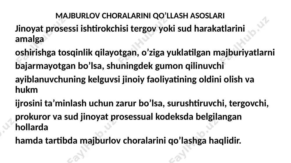 rlik sub’yektlarining huquqlari va qonuniy manfaatlarini himoya qilish bo’yicha vakil 5 sud’yalar 6 prokurorlar ushlab turish – jinoyatni sodir etishda gumon qilinayotgan shaxsni uning jinoiy faoliyat bilan shug‘ullanishiga barham berish, qochib ketishining, dalillarni yashirishi yoki yo‘q qilib yuborishining oldini olish maqsadida qisqa muddatga ozodlikdan mahrum qilishdan iboratprotsessual majburlov chorasi. ushlab turish tushunchasi – qisqa mudatga ozodlikdan mahrum qilish ushlab turish huquqiga ega bo’lgan shaxslar – 5 ta ushlab turish tartibi – miranda qoidasi ( bayonnoma) ushlab turish muddati – 2 sutka + 2 sutkaga uzaytirilishi mumkin ushlab turilganlarga uchrashish uchun ruxsat berish - yozma ruxsat asosida ichki ishlar organi xodimi yoki huquqni muhofaza qiluvchi boshqa organning xodimi amalga oshirilgan ushlab turish haqida ushlangan shaxs ichki ishlar bo‘limiga yoki huquqni muhofaza qiluvchi boshqa organga keltirilgan paytdan boshlab o‘n ikki soat ichida nazoratni amalga oshiruvchi prokurorga yozma shaklda xabar berishi shart jinoyat-protsessual kodeksining 225-modda. lavozimdan chetlashtirish – protsessual majburlov chorasi bo‘lib, basharti …