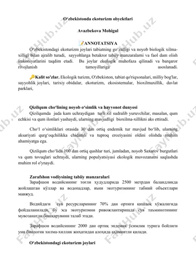oʻzbekistonda ekoturizm obyektlari — DOCX