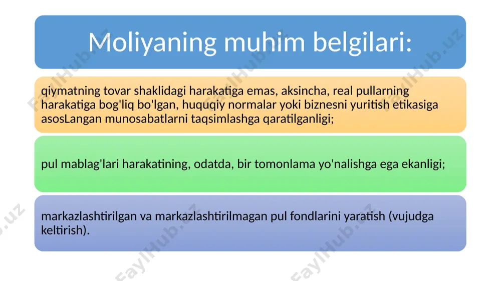 anishi ustidan nazoratni amlaga oshirish iqtisodiyotning barqarorligini ta’minlash: qamrovi funksiyalari davlat moliyasi - davlat ixtiyorida pul jamgʻarmalarining tashkil etilishi, taqsimlanishi va sarflanishi sohasidagi moliyaviy munosabatlar. davlat daromatlari: hukumat daromadlari. soliq daromadlari yoki soliqsiz daromadlar bo'lishi mumkin davlat xarajatlari:davlat xarajatlari. sog'liqni saqlash, ta'lim uchun davlat organlari tomonidan yuborilgan pullar davlar qarzi: davlat xarajatlari davlat daromadlaridan oshganda yuzaga keladi moliyaviy boshqaruv:davlat budjetini tayyorlash, qabul qilish va ijro etish va davlat siyosatini o'zgartirishni o'z ichiga oladi davlat moliyasi iqtisodiyotda davlatning rolini o’rganuvchi moliya sohasi hisoblanadi davlat moliyasining tarkibiy qismlari budjet daromadlari budjet xarajatlari davlat budjeti davlat qarzlari moliyaviy boshqaruvi davlat moliyasining maqsadlari: jamoat ehtiyojlarini boshqarish iqtisodiy rivojlanish daromadlar tengsizlikni qisqartirish narxlar barqarorligini ta’minlash boshqa maqsadlar xalqaro bozorlarda valyuta qaymatini saqlash iqtisodiyot moliya ta’rif: iqtisodiyot-tovar va xizmatlarni ishlab chiqarish, taqsimlash, ayriboshlash va iste’mol jaroyonini ifodalovchi umumiy tushuncha. moliya- aktivlarni taqsimlash va pul resurslarini boshqarish moliya- pul, kredit, investitsiyalar va aktivlarni boshqarish va taqsimlash jaroyoni …