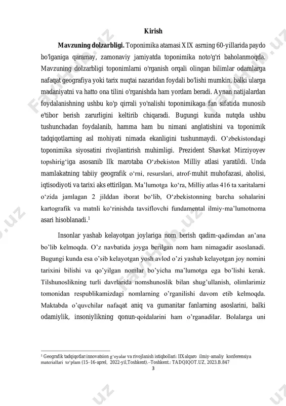 o’rganilganlik darajasi: xx asr boshlarida toponimik tadqiqotlar ancha keng quloch yoydi. 2-jahon urushidan oldingi davrda olimlardan a.i.sobolevskiy, n.ya.marr, s.v.veselovskiy, v.v.bartol’d, v.p.semyonov- tyanshanskiy, v.g.shostakovich toponimika sohasida ayniqsa samarali ishlar qildilar. o`rta osiyo, jumladan, o`zbekiston toponimikasini o`rganish sohasida v.v.bartol’dning xizmatlarini alohida qayd qilib o`tish kerak. urushdan keyingi yillarda toponimika rivojida katta bir o`sish davri bo`ldi. endilikda toponimika soxasida ayrim olimlargina emas, balki butun-butun olimlar jamoasi ish olib bormoqdalar. endilikda o`lkamizda toponimik tadqiqotlar avj oldirilmoqda. toponimikaga, uning nazariyasiga doir ko`pgina asarlar yaratildi. bir necha o`nlab yosh olimlar 5 ham toponimika sohasida samarali ish olib bormoqdalar. chunonchi, t.nafasov «qashqadaryo toponimikasi», sh.qodirova «toshkent mikrotoponimikasi», e.begmatov esa antrotoponimika — kishi nomlarini o`rganish sohasida ilmiy ish olib bormoqdalar. o`rta osiyo, jumladan, o`zbekiston toponimlarini o`rganish ham uzoq tarixga ega. o`zbekiston toponimikasini o`rganishda mashhur rus sharqshunos olimlari hamda tarixchilari: v.l.vyatkin, n.f.sityakovskiy, l.n.sobolev, v.v.bartol’d, s.p.tolstov, p.p.ivanov. m.e.masson, o.a.suxareva va boshqalar bu sohada juda katta ishlarni amalga oshirdilar. respublika joy nomlarining …