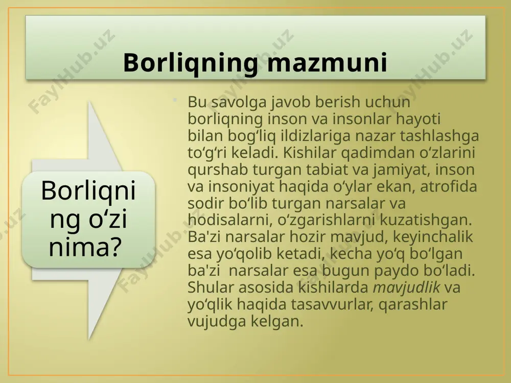 nadi, deyiladi. mavjudlik so‘zi lotinchada ex(s)istentia deb atalib, bu so‘z lotincha - ex(s)isto dan olingan bo‘lib - mavjudman degan ma'noni anglatadi. ekzistensializm – mavjudlik falsafasi shu so‘zdan olingan. reallik esa borliqning muayyan ob'ektda mavjud bo‘lgan mujassamlashgan qismini ifodalaydi. reallik borliqning ayni paytdagi mavjud qismidir. moddiy va g‘oyaviy borliq. atrofimizni o‘rab turgan dunyo ikki xil reallikdan tashkil topgandir. ob'ektiv reallik va sub'ektiv reallik. ongimizdan tashqarida va unga bog‘liq bo‘lmagan holda mavjud bo‘lgan reallik ob'ektiv reallik deyiladi. bu tushunchani materialistlar materiya tushunchasi bilan aynan bir ma'noda ishlatishadi. reallikning inson ongi bilan bog‘liq bo‘lgan va ongning mahsuli hisoblangan qismi sub'ektiv reallik deyiladi. ob'ektiv reallik moddiy borliq tushunchasiga mos kelsa, sub'ektiv reallik esa borliqning g‘oyaviy shakliga muvofiq keladi. materializm vakillari borliqning g‘oyaviy shakli moddiy shaklining maxsuli, deb hisoblashadi. idealizm vakillari esa moddiylik g‘oyaviylikning ijodi yoki g‘oyaviylikning namoyon bo‘lish shaklidir. /docprops/thumbnail.jpeg