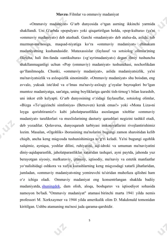 ing keng miqyosdagi xatarli jihatlaridan, jumladan, «ommaviy madaniyat»ning yemiruvchi ta'siridan muhofaza qilishni ham o‘z ichiga oladi. ommaviy madaniyat eng konsentrlangan shaklda badiiy madaniyatda, shuningdek, dam olish, aloqa, boshqaruv va iqtisodiyot sohasida namoyon bo'ladi. "ommaviy madaniyat" atamasi birinchi marta 1941 yilda nemis professori m. xorkxaymer va 1944 yilda amerikalik olim d. makdonald tomonidan kiritilgan. ushbu atamaning ma'nosi juda qarama-qarshidir. mavzu: televideniya-ko’ngilochar sanoat sifatida. televideniye (grekcha: τήλε uzoq va lotincha: video koʻraman) harakatlanayotgan tasvir va tovushni masofadan uzatish tizimi. televideniyening ishlash prinsipi tasvir kadrini satrlarga boʻlib uzatishga asoslangan. kadrlar almashinishi chastotasi tasvir oʻzgarishi tezligiga qarab tanlanadi. televideniye, fan, texnika va madaniyatning koʻrinadigan axborotlar (harakatlanuvchi tasvirlar)ni radioelektron vositalar yordamida muayyan masofaga uzatish bilan bogʻliq sohasi; axborotlarni tarqatish vositalaridan biri. insoniyat oʻzi yashab turgan joydan uzokdagi narsalar va voqealarni koʻrish istagi bilan hamisha band boʻlib kelgan. bu istak koʻp halqlarning afsona va ertaklarida oʻz aksini topgan. bugun oldimizda turgan eng dolzarb masalalardan biri bu …