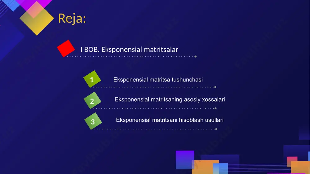 ’rinib turibdiki, . aniqlik uchun eksponensiallarini hisoblab ko’raylik. a hamda b matritsalar 2-darajadan boshlab nol matritsa bo’lgani uchun eksponensiallari quyidagilardan iborat: a+b matritsa uchun ham xuddi shu ishlarni bajaramiz: demak, ushbu xossa faqat a va b matritsalar kommutativ bo’lgandagina o’rinli. haqiqiy sonlar uchun tenglik o’rinli. 1.2.5-misol. da xossa o’rinli ekanligini ko’rsating. yechish. ekanligidan a matritsaning har qanday darajasi o’ziga teng bo’ladi. xuddi shunday hisoblashlarimizda va ifodani olamiz. da esa mos ravishda: , , uzluksiz differensiallanuvchi bo’lib, o’rinli.( t − vaqt, ta − vaqtga nisbatan skalar ko’paytma) 1.2.6-misol. matritsa eksponensialining hosilasini toping. yechish. avval a matritsani eksponensialini hisoblaymiz. eksponensial matritsani hisoblashning dastlabki usuli – qator yig’indisi ko’rinishi. yuqorida bunga doir bir qator misollar ko’rdik. a – kvadrat dioganal matritsa berilgan bo’lsin. kvadrat matritsa bo’lgani uchun unda darajaga ko’tarish amali aniqlangan. u holda ushbu matritsa eksponensiali quyidagiga teng: i bob. eksponensial matritsalar 1.3 eksponensial matritsani hisoblash usullari cayley–hamilton teoremasi. cayley–hamilton teoremasi har …