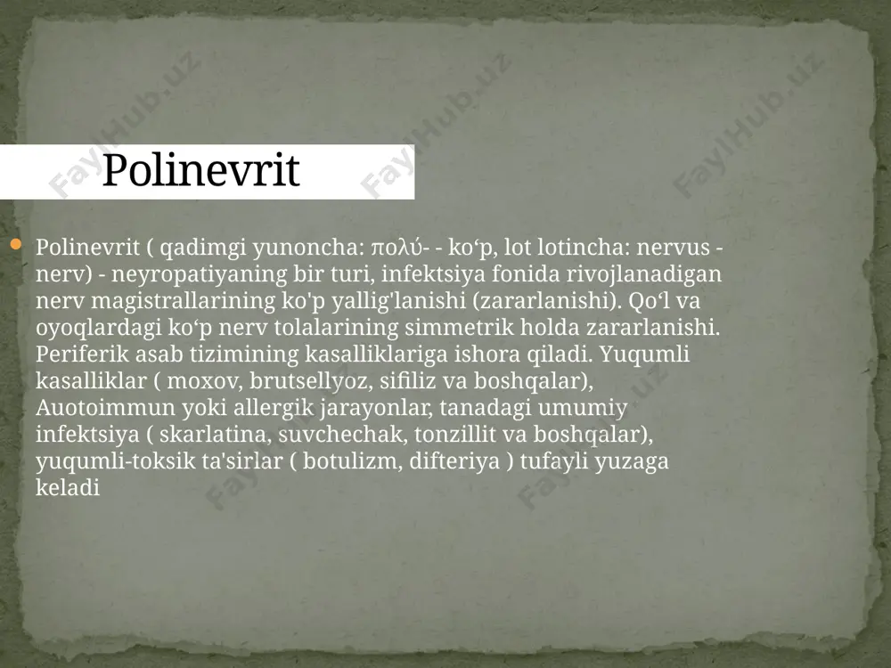 evropatiyada oyoq panjasi osilib qolishi ko‘p kuzatiladi – oyoq panjasi yuqoriga tiklanmaydi, barmoqlar yozilmaydi. keyinchalik muskullarda atrofiya rivojlanadi va u oyoq panjasining suyaklararo muskullarida yaqqol ko‘zga tashlanadi. reflekslardan axill refleks erta, tizza refleksi juda kech so‘nadi. harakat buzilishlari qo‘l panjalariga kech o‘tadi. vegetativ-trofik buzilishlar. polinevropatiyada vegetativ-trofik buzilishlar kasallik etiologiyasiga bog‘liq bo‘lgan holda yuzaga keladi. masalan, diabetik va infeksion-toksik polinevropatiyalarda vegetativtrofik buzilishlar tez rivojlanadi va kuchli ifodalangan bo‘ladi. nasliy polinevropatiyalarda vegetativ buzilishlar kam uchraydi (vegetativ-sensor nevropatiyalar bundan istisno). vegetativ buzilishlar ham dastlab oyoq-qo‘llarning distal qismida vujudga keladi va gipergidroz, akrosianoz, sovqotish, teri elastikligi yo‘qolishi, giperpigmentatsiya, tirnoqlar mo‘rtlashuvi hamda sinishi bilan namoyon bo‘ladi. keyinchalik terida trofik yaralar rivojlanadi. ular ayniqsa, oyoqlarda ko‘p paydo bo‘ladi. yaralar yorilib, ularning o‘rnida nekrotik o‘choqlar shakllanadi, yaraga tushgan infeksiyalar tromboflebit rivojlanishiga turtki bo‘ladi. gangrena rivojlanishida ham vegetativtrofik buzilishlar o‘rni katta. giyen-barre sindromi giyen-barre sindromi – demielinizatsiya bilan kechuvchi o‘tkir poliradikulonevropatiya. asosan, o‘tkir virusli infeksiyalardan so‘ng rivojlanadi. 1916-yili …