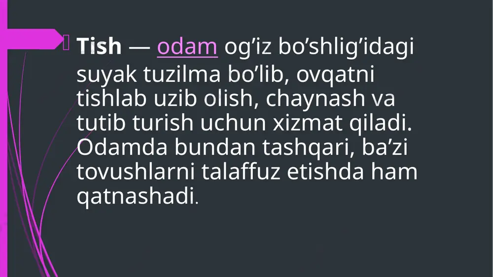 shi rivojlangan qon va limfa kapillar, nerv oxirlari hisobiga amalga oshiriladi; 2. tayanch - ushlab turuvchi vazifasi periodont, milk va alveolar o'simtaning murakkab bog'lam apparati, ayniqsa, alveolar devori va ildiz sementi orasidagi kollagen tolalar hisobiga amalga oshiriladi; 3. amortizatsiyalovchi vazifasi g'ovak biriktiruvchi to'qimaning gidravlik yo'stig'i bo'lishi qon va limfa tomirlarining turi va to'qima suyuqligi hisobiga amalga oshiriladi. himoya vazifasi parodont to'qimalarining morfologik butunligi, milkning epiteliy qoplamining himoyalash xususiyati bo'lmish rauguzlanish jarayoni, fagotsitoziii ta'minlab turuvchi hujayra elementlari, ferment va biologik aktiv moddalar hajmi, leykotsitlarning og'iz suyuqligiga emigratsiyasi hisobiga amalga oshiriladi. plastik vazifasi - blast hujayralari va transkapillar almashinuvining faollashishi hisobiga amalga oshiriladi. sezuv (reflektor) vazifasi tish qatorini, parodont va shilliq pardaning butunligi, ozuqa xususiyatiga bog'liq bo'lgan chaynov bosimini ta'minlab beruvchi murakkab nerv-reseptor apparati hisobiga amalga oshiriladi. e’tiboringiz uchun raxmat image1.png image2.png image3.png image4.png image5.png image6.png image7.png image8.png image9.png image10.png image11.png image12.png image13.png image14.png image15.png image16.png /docprops/thumbnail.jpeg