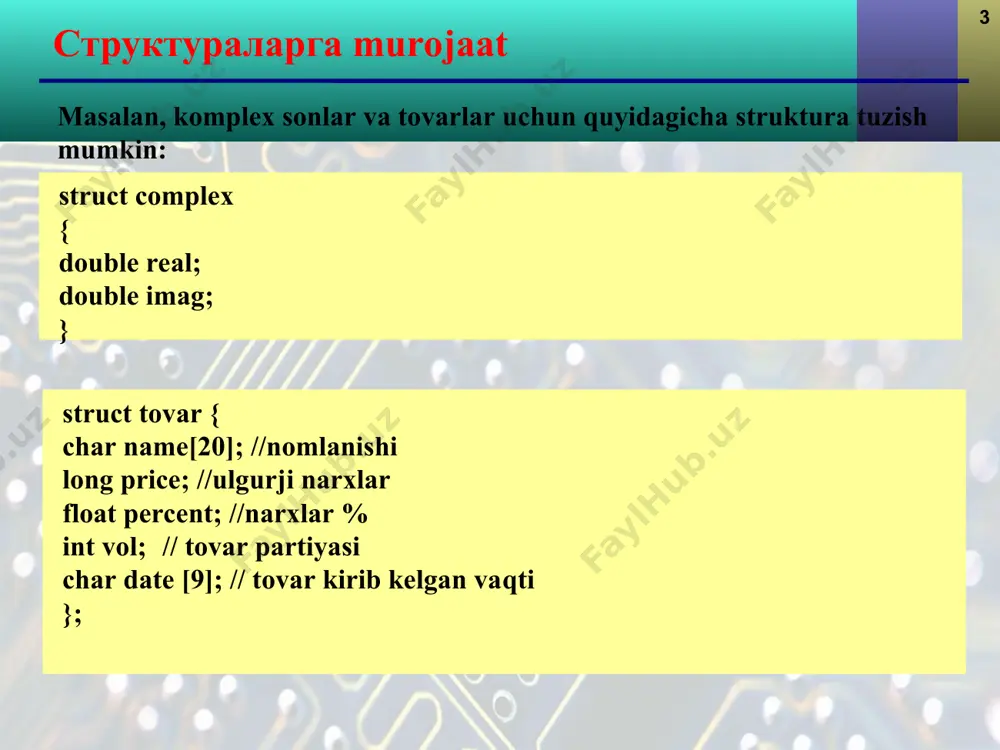 (1) shaklda murojaat qilish bufer bo’sh yoki bo’shmasligini aniqlashga imkon beradi. agar bufer bo’sh bo’lmasa funksiya buferdagi navbatdagi kodni qaytaradi, lekin bu kod buferdan o’chirilmaydi * * бирлашмалар quyidagi dastur buferga kelib tushuvchi kodlarni o’qib monitorga chiqarishga imkon beradi: int main() { union { char hh[2]; int ii; } cc; unsigned char scn,asc; printf("\n\n ctrl+z bilan chiqish."); printf("\n klavishani bosib, kodini oling. \n "); printf("\n scan || ascii"); printf("\n (10) (16) (10) (16)"); * * бирлашмалар do { printf("\n"); cc.ii = bioskey(0); asc = cc.hh[0]; scn = cc.hh[1]; printf(" %4d %3xh || %4d %3xh |", scn, scn, asc, asc); } while(asc! = 26 || scn! = 44); return 0; } bu dasturda cc nomli birlashma kiritilgan bo’lib, cc.ii elementiga bioskey(0) funksiyasi natijasi yoziladi. so’ngra natijaning alohida baytlari scn va ascii kodlar sifatida monitorga chiqariladi. sikl to 26 ascii kod va 44 scn kod paydo bo’lmaguncha (ctrl+z klavishlari bosilmaguncha) davom etadi. …