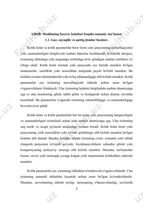 sifatida qaraladi. bunday holatlar tizimning ishlashiga to'sqinlik qilishi, ma'lumotlarning yo'qolishiga olib kelishi yoki foydalanuvchilarning xizmatdan foydalanishini cheklashi mumkin. kritik parametrlar esa tizimning samarali ishlashini ta'minlaydigan o'zgaruvchilarni bildiradi. ular tizimning holatini o'lchash va monitoring qilish uchun muhim ko'rsatkichlar hisoblanadi. masalan, tarmoqning kengligi, serverning cpu yuklanishi, xotira ishlatish darajasi, xavfsizlikni ta'minlovchi parametrlar kabi omillar kritik parametrlar sifatida qabul qilinadi. ushbu parametrlar tizimning ishonchli va barqaror ishlashini ko'rsatadi. agar bu parametrlar normadan chetga chiqsa, tizimning ishlashida muammolar yuzaga kelishi mumkin. tizimning samarali ishlashini ta'minlash uchun, kritik parametrlarni doimiy ravishda nazorat qilish va ularni optimallashtirish zarur. bu jarayonni avtomatlashtirish orqali tizimni real vaqtda kuzatish mumkin. masalan, tizimda yuzaga kelgan kichik o'zgarishlar yoki zaifliklarni aniqlash uchun monitoring tizimlari ishlatiladi. bunday tizimlar yordamida tizimning ish faoliyatini doimiy ravishda tahlil qilish mumkin va kerak bo'lganda tezkor choralar ko'rish imkoniyatini yaratadi. kritik holatlar va parametrlar nafaqat tizimning ishlashini ta'minlashda, balki xavfsizlikni boshqarishda ham muhim rol o'ynaydi. tizimning himoyasini …