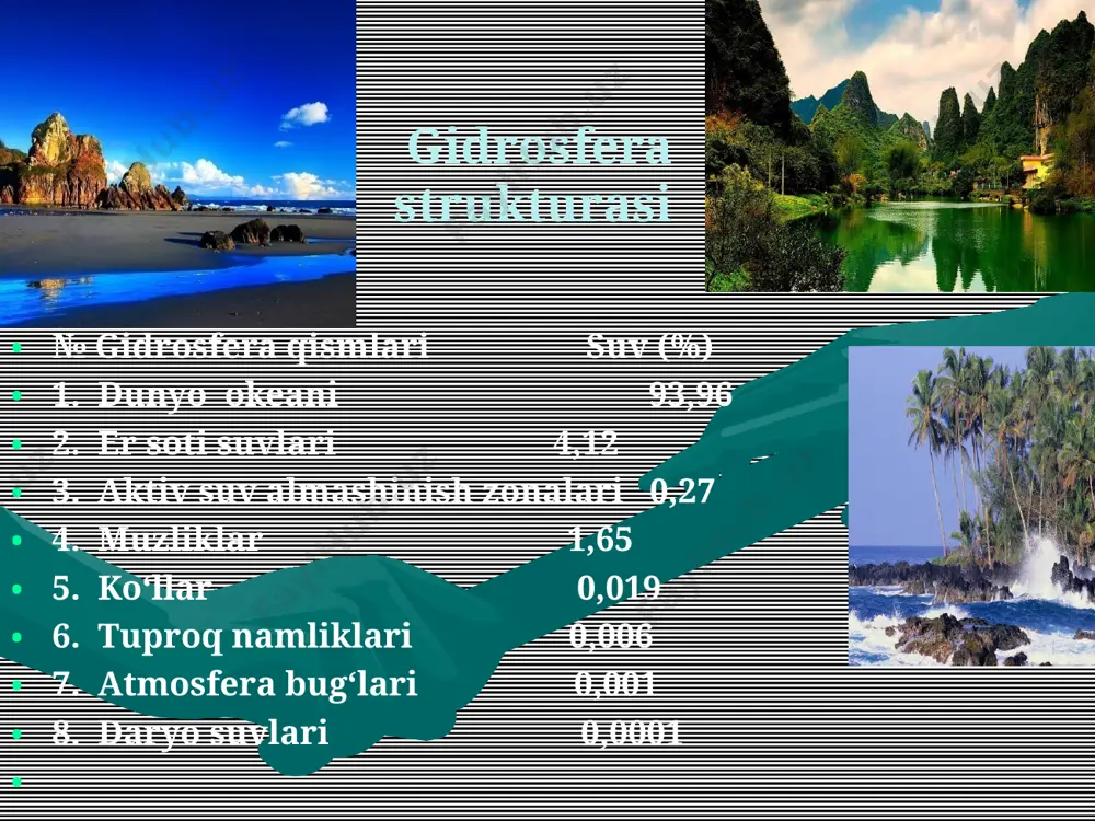 (5 - 30m) – to‘g‘ri foydalanilsa toza suv artezian suvlari (50 - 700m): (bosimli va bosimsiz) – gigienik jihatdan eng toza suv o‘zr dagi ochiq suv manbalar o‘rta va kichik daryolar ko‘llar (cheklangan) suv omborlari ( 50 dan ortiq o‘zanli va quyiluvchi suv omborlari) kanallar barcha suv manbalari u yoki bu turdagi ifloslanishga ega va uni tegishli ishlovdan o‘tkazmasdan xo‘jalik-ichimlik suv sifatida foydalanish tavsiya etilmaydi! katta yoshli odam tanasidagi suv miqdori og‘irligining taxminan 65—70 %ni tashkil etadi. suvning asosiy qismi ho‘jayralarda bo‘ladi. xujayralardan tashqaridagi suv 18—20 %ni tashkil qiladi. yo‘qotilgan suv miqdori ko‘payganda odam o‘zini yomon his qila boshlaydi. organizm tarkibidan 10% suv yo‘qotilishi moddalar almashinishi jarayoniga jiddiy ta’sir ko‘rsatadi. havo harorati 30° va undan yuqori bo‘lganda 15—20% suvning organizmdan chiqib ketishi esa o‘limga olib kelishi mumkin. suv salomatlik omili sifatida сув ҳаётни таъминловчи омил инсон саломат- лигига таъсир қилувчи омил санитар кўрсаткич сифатида инсон саломат- лигига таъсир қилувчи омил …
