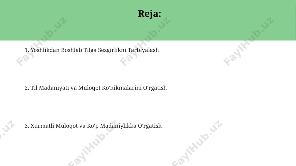 o'zbekistonning turli hududlaridagi, masalan, buxoro va xorazm viloyatlaridagi maktablarda, 5-9-sinf o'quvchilari orasida so'z boyligini oshirishga qaratilgan 25 ta yangi dars rejalari joriy etildi. ko'p tilli muhit yaratish o'zbekistonning 12 ta viloyatida 2023 yilda amalga oshirilgan tadqiqotlar shuni ko'rsatdiki, ko'p tilli muhitda tarbiyalangan bolalarning lug'at boyligi o'rtacha 20% ga yuqori. to'rt tilli ta'lim dasturlarini joriy etish (ona tili, rus, ingliz va xitoy tillari) toshkentdagi ba'zi xususiy maktablarda 100 dan ortiq o'quvchini qamrab olgan. ko'p tilli muhit yaratishda, masalan, 5 yoshgacha bo'lgan bolalarga ona tili bilan birga ingliz va rus tillarini o'rgatish samarqanddagi maktablar tajribasida muvaffaqiyatli qo'llanilgan. o'qituvchilarning tayyorgarligi o'qituvchilarni ona tili va kamida bitta xorijiy til, masalan, ingliz tilida malakali bo'lishlarini ta'minlash, shu bilan birga, 5 yillik tajribaga ega bo'lgan 20 nafar o'qituvchidan iborat samarqanddagi maxsus trening markazini tashkil etish kerak. o'qituvchilarni "tilga sezgirlik" bo'yicha davriy sertifikatlashtirishni joriy etish, har 3 yilda bir marta testlar va amaliy mashg'ulotlar orqali baholash, natijalarga …